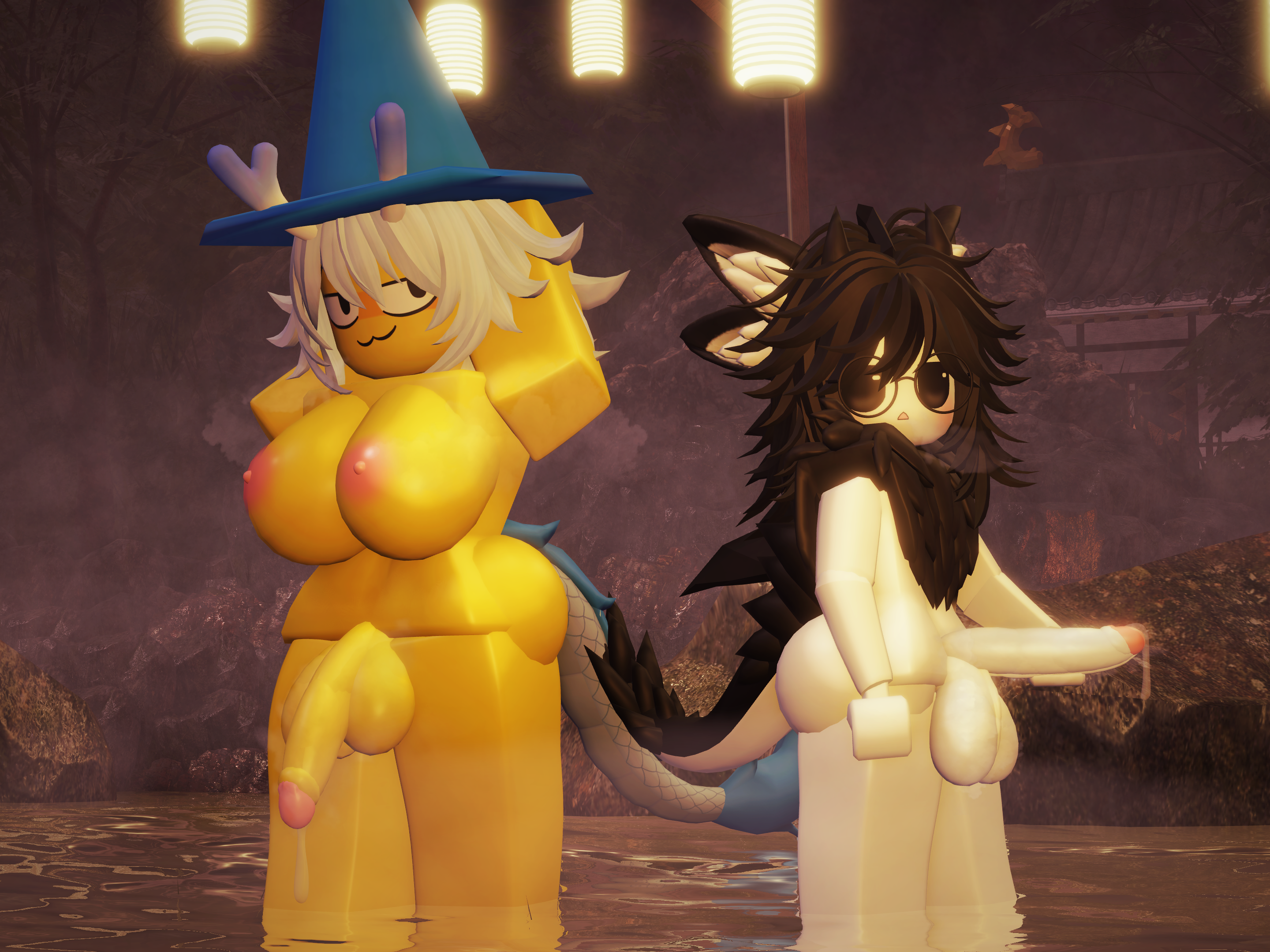 2futas, 3d, amo (amosrr34), amosrr34, armpits, black fur, black hair, breasts, futa only, futanari, glasses, hotsprings, intersex, large breasts, naked, noelle (amosrr34), precum, precum drip, roblox, robloxian, self upload, silver hair, steaming body, steaming breath, tail, white body, yellow body