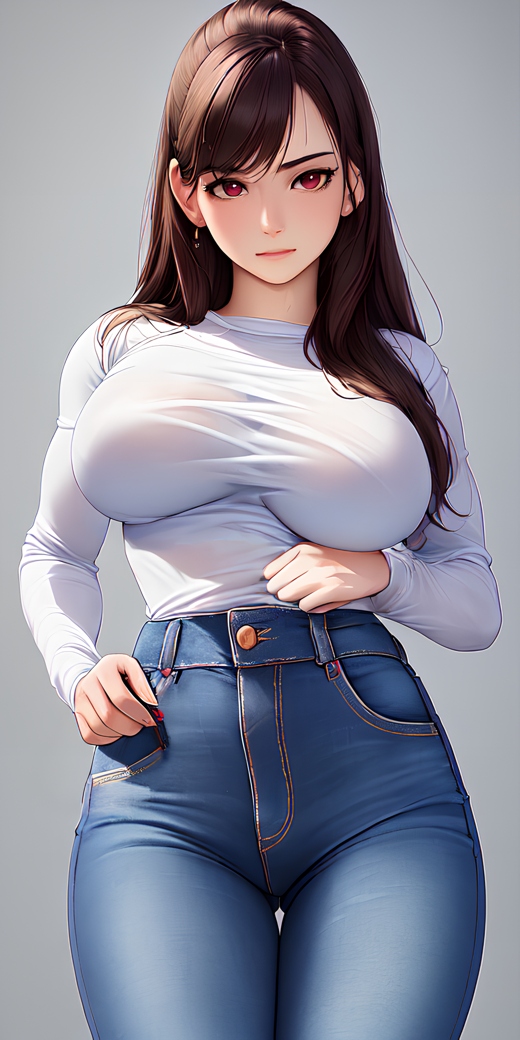 1girls ai_generated ape_loo bangs big_breasts black_hair blue_jeans blue_pants blush bra_visible_through_clothes breasts brown_hair busty closed_mouth clothing cowboy_shot curvaceous curvy curvy_figure denim earrings female female_focus female_only fingernails gradient gradient_background grey_background high-waist_pants huge_breasts jeans jewelry large_breasts lips long_hair long_sleeves looking_at_viewer nail_polish original pants parted_lips red_eyes red_nails see-through see-through_clothing shirt shirt_tucked_in simple_background skin_tight smile solo solo_female solo_focus standing swept_bangs taut_clothes taut_shirt thick_thighs thigh_gap thighs tight tight_clothing tight_fit very_high_resolution very_long_hair white_shirt wide_hips