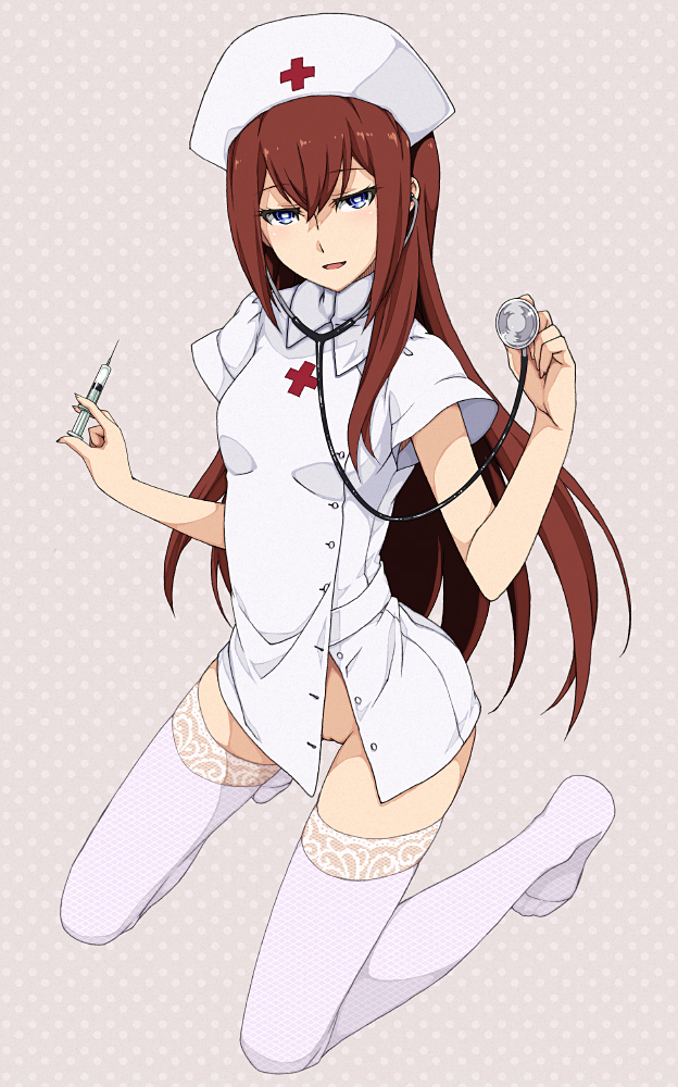 1girls blue_eyes bottomless brown_hair cleft_of_venus female full_body hat kneeling lingerie long_hair makise_kurisu medical naughty_face no_panties nurse nurse_cap on_knees open_mouth pointy_chin polka_dot polka_dot_background pussy red_hair saipaco solo solo_female solo_focus steins;gate stethoscope syringe thighhighs underwear white_legwear