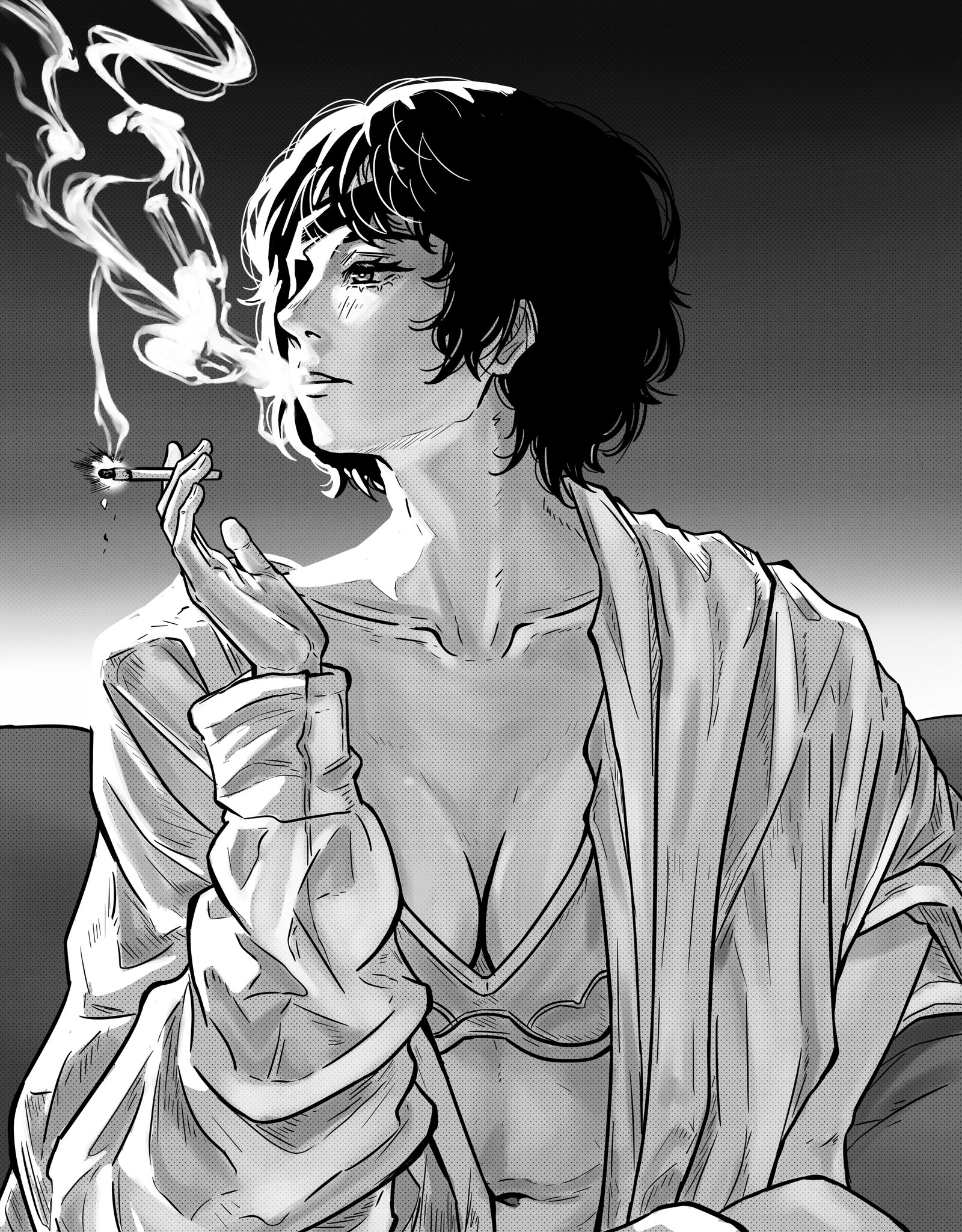 1girls, 2025, 2d, 2d (artwork), belly button, black and white, black hair, bra, breasts, chainsaw man, cigarette, cleavage, clothing, eyepatch, female, female only, himeno (chainsaw man), human, human only, light skin, light-skinned female, looking away, open clothes, open shirt, questionable, raggumba, sfw, short hair, smoke, smoking, solo, solo female, tomboy, turning head, underwear, upper body