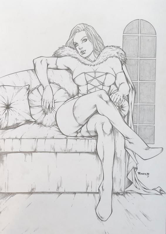 black_and_white breasts cameltoe choker cleavage corset crossed_legs emma_frost female female_only grayscale hellfire_club large_breasts lingerie marvel marvel_comics rivald thong thong_panties white_queen wide_hips x-men