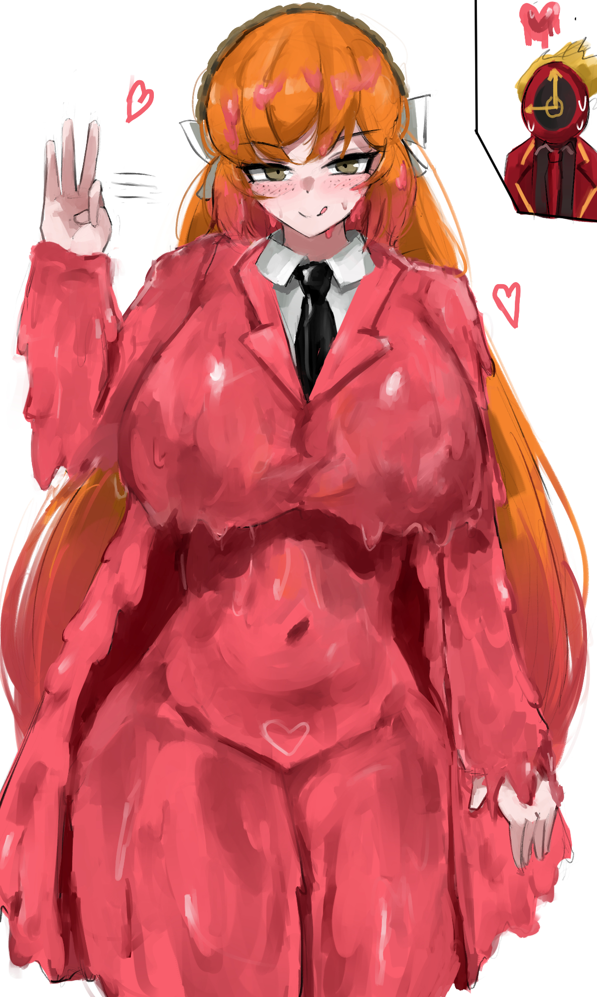 1girls, ambiguous gender, blush, dante (limbus company), e.g.o (project moon), eyebrows visible through hair, female, female focus, freckles, freckles on face, hazel eyes, heart, heart symbol, ishmael (limbus company), light skin, light-skinned female, limbus company, lobotomy corporation, long hair, looking at viewer, melting love, movement lines, orange hair, possessed, possession, project moon, simple background, slime, smile, suggestive, suggestive gesture, suggestive look, suggestive smile, thick thighs, tied hair, tongue, white background, www1 (artist)