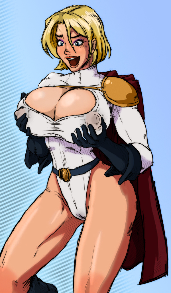 1girls beauty_mark belt blonde_female blonde_hair blue_eyes cape cleavage clothed color colored dc dc_comics eyeliner female female_only gloves happy holding_breast large_breasts leotard nipple_bulge nipple_outline open_mouth power_girl smiling sparrow_(artist) superheroine superman_(series) thighs