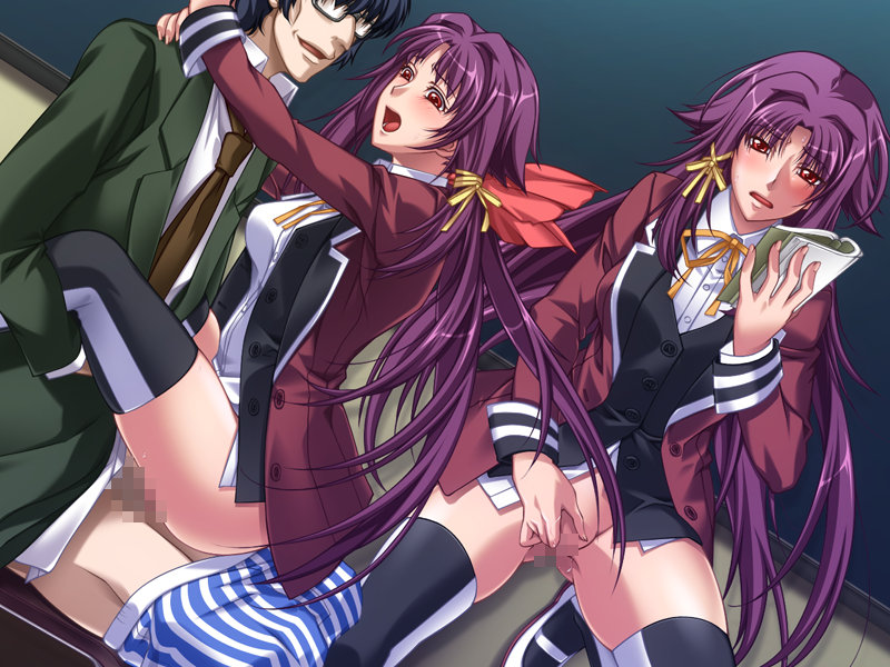 2girls age_difference black_rainbow blush censored classroom game_cg glasses hair_ornament long_hair necktie no_panties older_man_and_teenage_girl open_mouth penis purple_hair reading red_eyes school_uniform schoolgirl sex socks teacher_and_student threesome underwear ura_saiminjutsu_2