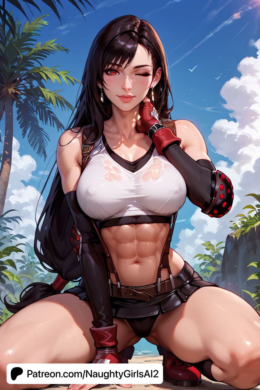 abs ai_generated big_breasts bird black_hair black_skirt blue_sky branch breasts cloud crop_top curvy day earrings elbow_gloves elbow_pads female final_fantasy final_fantasy_vii final_fantasy_vii_remake fingerless_gloves gloves jewelry large_breasts long_hair looking_at_viewer low-tied_long_hair mature_female milf muscular narrow_waist naughtygirlsai navel outdoors palm_leaf palm_tree panties plant red_eyes red_footwear seagull shirt shirt_lift skirt sky smile solo squatting suspender_skirt suspenders sweat tank_top taut_clothes taut_shirt thighs tifa_lockhart toned tree underwear very_long_hair wet white_tank_top