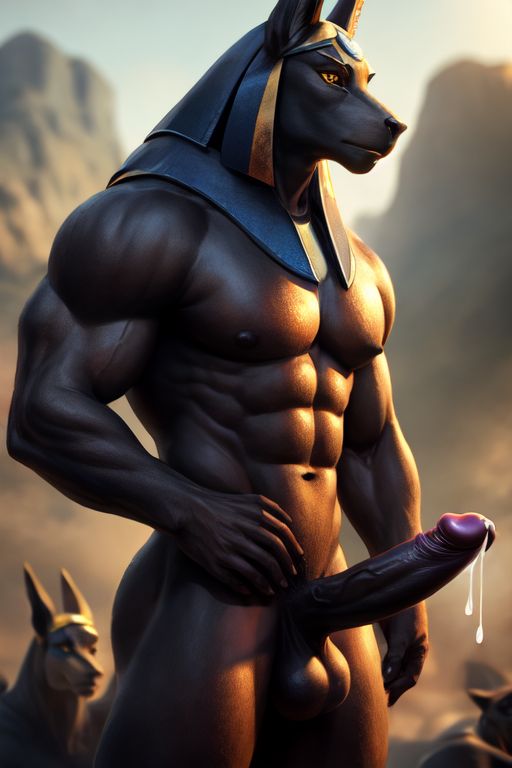 ai_generated anubis balls ballsack brown_body cum cum_drip erect_penis erection muscles muscular muscular_male naked naked_male nude nude_anthro nude_male solo solo_male