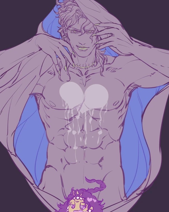 colored covering dio_brando jojo's_bizarre_adventure jojo_reference male male_breasts male_focus male_only medium_hair muscular muscular_male purple_background six_pack stardust_crusaders