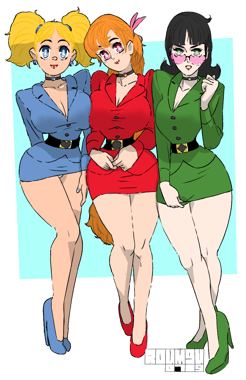 3girls aged_up black_hair black_hair_female blonde_hair blonde_hair_female blossom_(powerpuff_girls) blue_eyes breasts bubbles_(powerpuff_girls) buttercup_(powerpuff_girls) cartoon cartoon_network double_ponytail dress green_eyes long_hair long_hair_female multiple_girls old_quality orange_hair pink_eyes powerpuff_girls roumgu sara_bellum sara_bellum_(cosplay) short_hair short_hair_female skirt tagme trio trio_focus