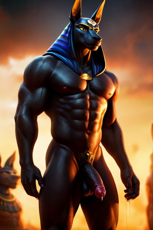 ai_generated anubis balls ballsack brown_body cum cum_drip erect_penis erection muscles muscular muscular_male naked naked_male nude nude_anthro nude_male solo solo_male