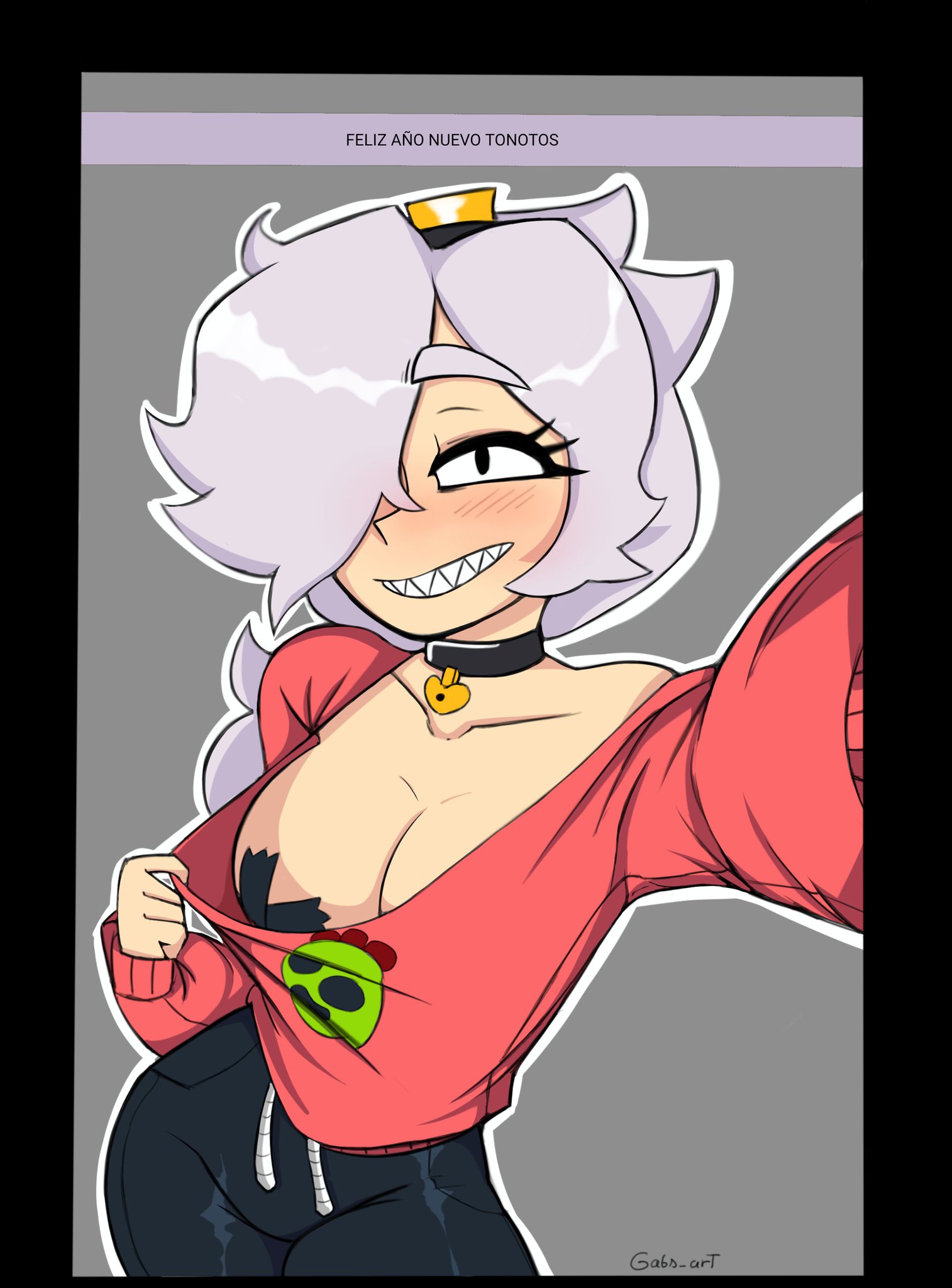 brawl stars, breasts, choker, colette (brawl stars), female, gabri art, pasties, sharp teeth, shirt pull, showing breasts, showing off, spanish text, supercell, tagme, taped nipples, white hair, x pasties