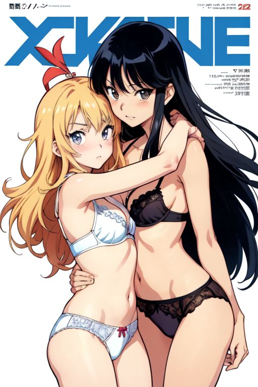 ai_generated blush bra cute cute_girl hugging lesbian magazine_cover panties yuri