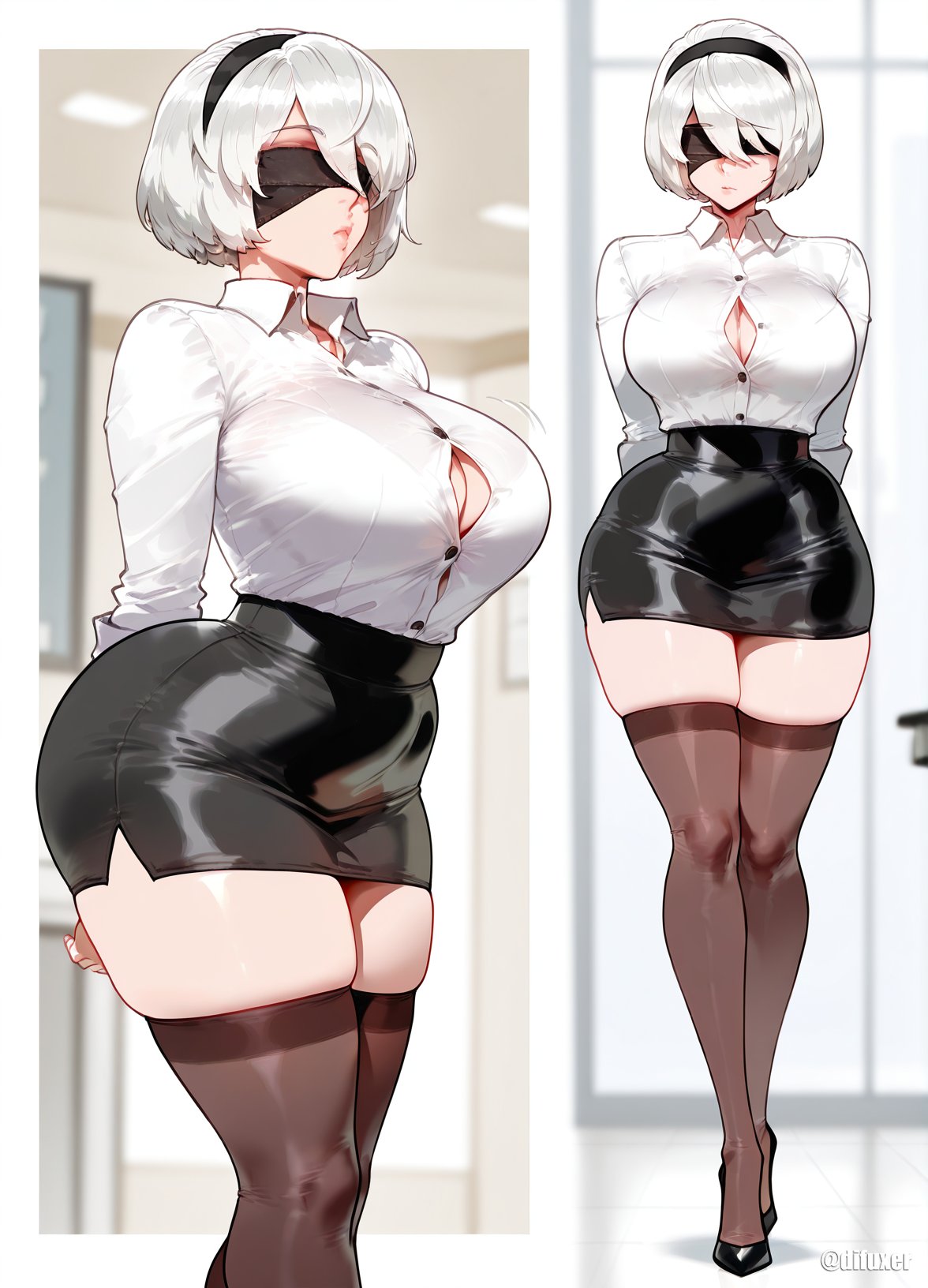 1girls ai_generated blindfold breasts cleavage difuxer female female_focus female_only large_breasts light_skin light_skinned_female nier:_automata office_lady skirt solo thighhighs thighs wide_hips yorha_2b