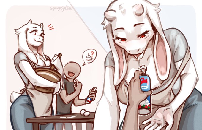 1boy 1boy1girl anthro baking cream female flour furry maybe_cocaine size_difference toriel toriel_(undertale) whipped_cream