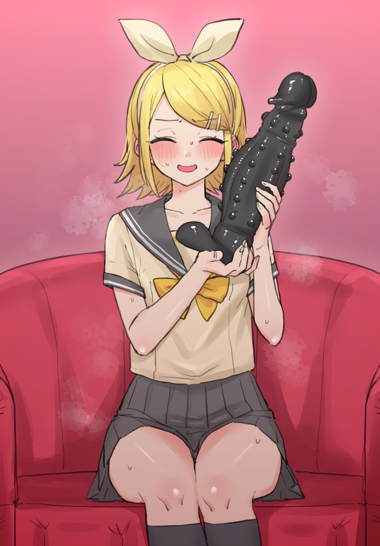 akkgsyk black_dildo black_socks blonde_hair blush bow bowtie closed_eyes collarbone couch dildo eyelashes feet_out_of_frame female grey_sailor_collar grey_skirt hair_ornament hairband hairbow hairclip hands_up highres holding holding_sex_toy huge_dildo kagamine_rin legs_together medium_hair miniskirt open_mouth pink_background pleated_skirt sailor_collar school_uniform serafuku sex_toy short_sleeves sidelocks sitting skirt socks solo spiked_dildo steaming_body sweatdrop swept_bangs thighs vocaloid white_hairband yellow_bow yellow_bowtie