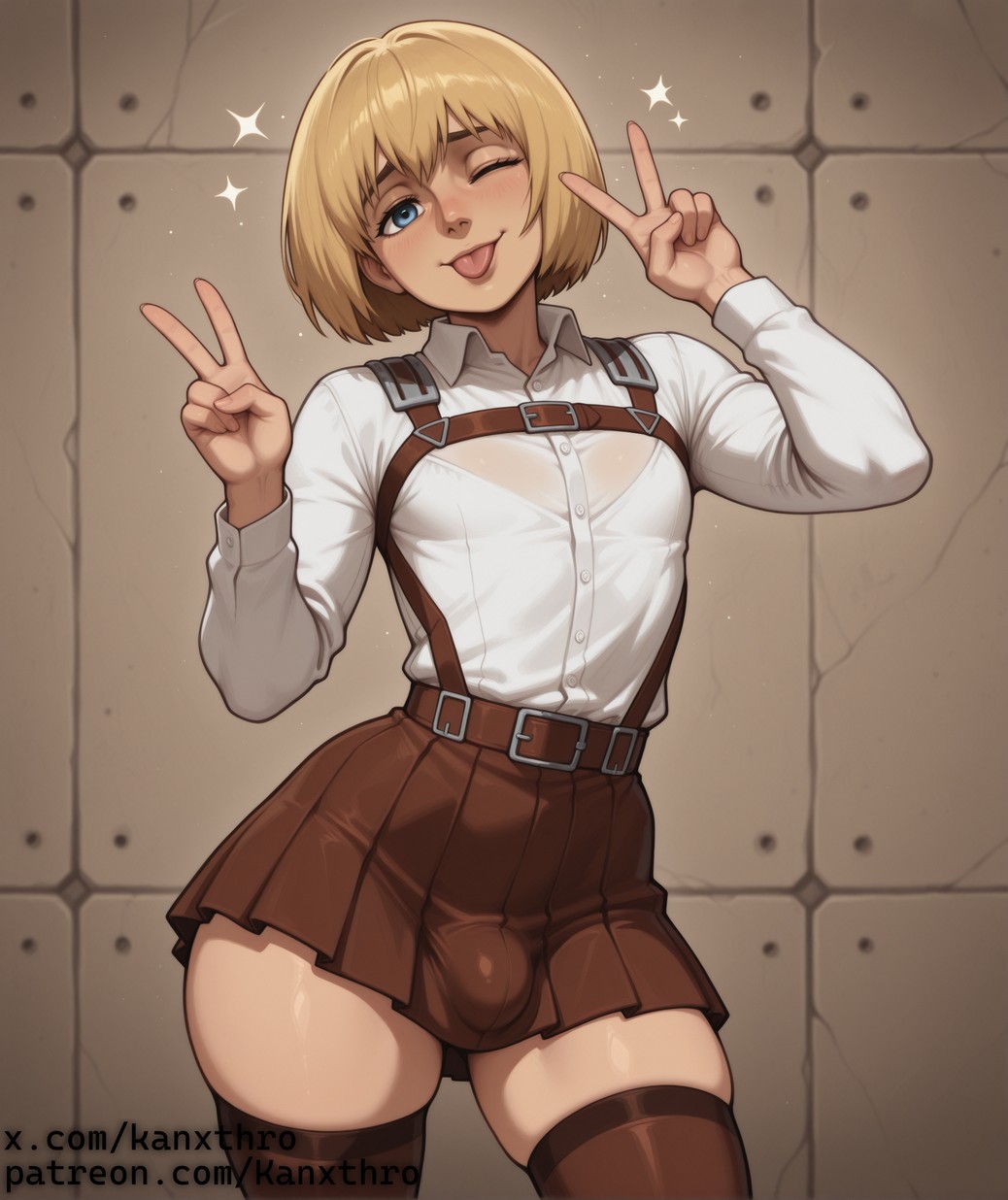 ;p, 1boy, ai generated, armin arlert, attack on titan, blonde hair, blue eyes, bulge, bulge under clothes, clothed, double v, femboy, fully clothed, kanxthro, one eye closed, otoko no ko, short hair, skirt, solo, thighhighs, tongue, tongue out, v sign, winking, winking at viewer