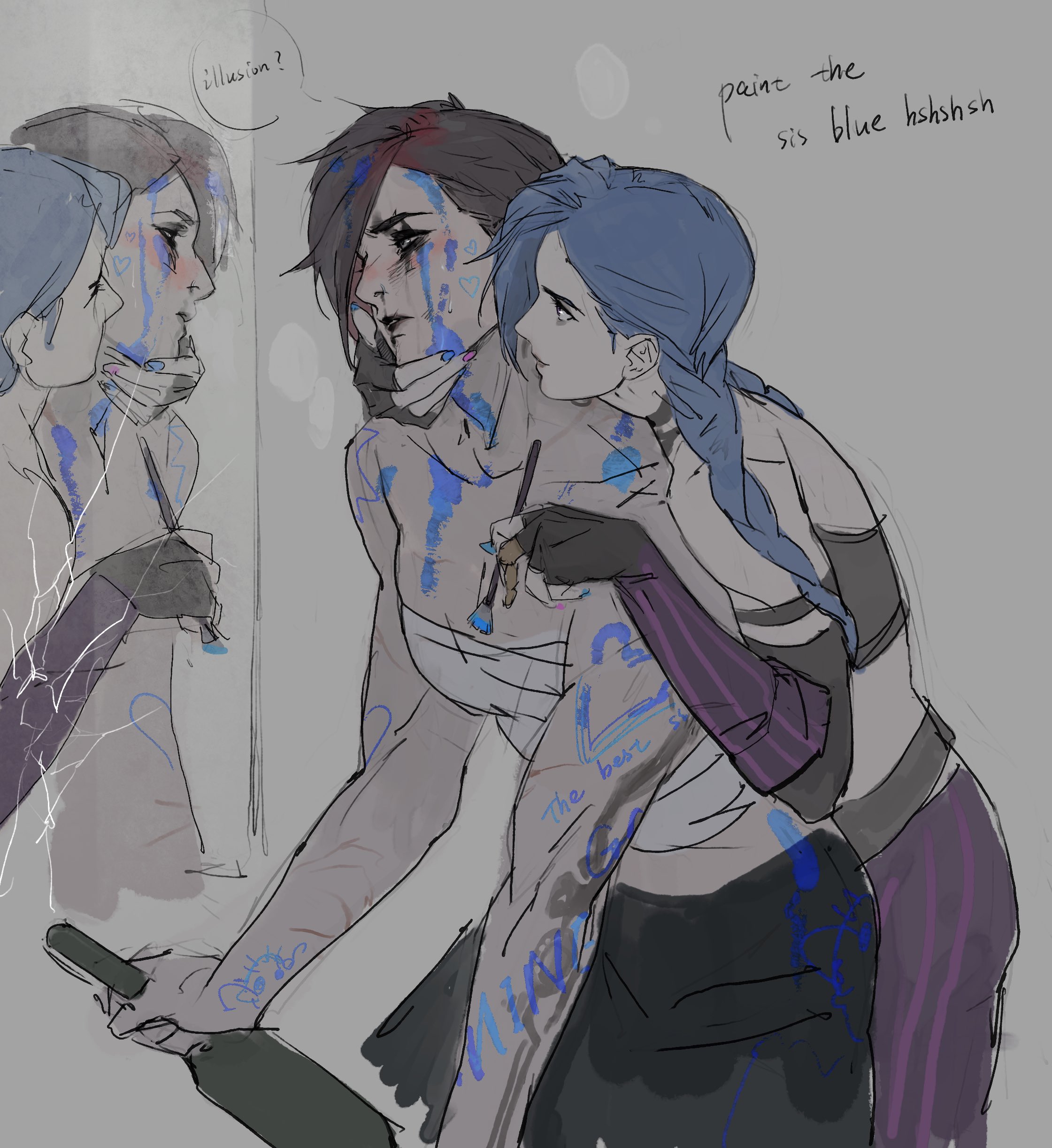 2d, 2girls, aizheajsee, arcane, arcane jinx, arcane vi, athletic, athletic female, black hair, blue hair, blush, body writing, breast bandage, breasts, clothed, dialogue, english text, female, female only, hand on chin, hugging from behind, incest, jinx (league of legends), league of legends, muscular, muscular female, red hair, siblings, sisters, vi, yuri