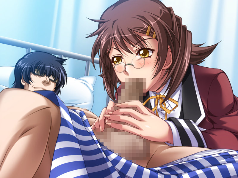 age_difference bed black_hair black_rainbow blowjob blush brown_hair censored clinic fellatio female game_cg glasses hairclip older_man_and_teenage_girl oral penis pillow school_uniform short_hair teacher_and_student underwear ura_saiminjutsu_2 yellow_eyes