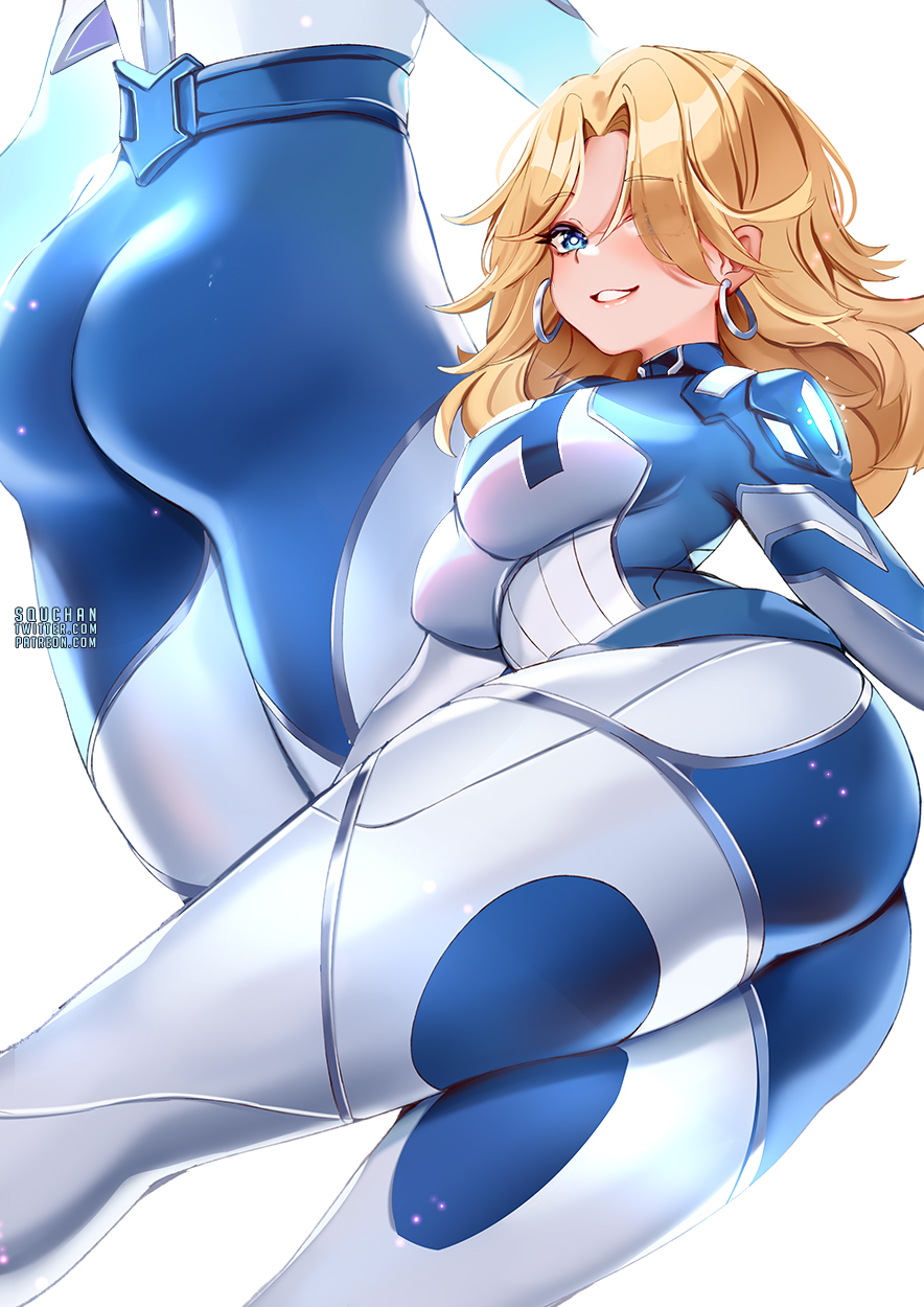 2d ass bent_over blonde_hair blue_bodysuit blue_eyes bodysuit breasts earrings female from_behind hair_over_one_eye invisible_woman invisible_woman_(marvel_rivals) jewelry large_breasts long_hair looking_at_viewer looking_back marvel marvel_rivals mole multiple_views shiny simple_background smile squchan sue_storm teeth white_background