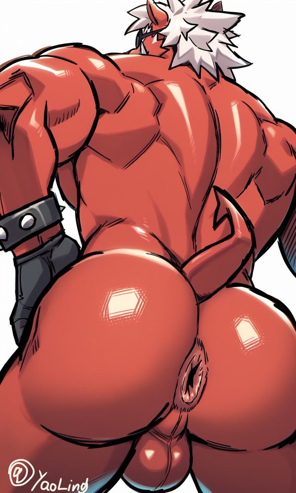 anthro ass asshole beard big_daddy_(zenless_zone_zero) boar butt_crack butt_focus furry male_focus male_only red_skin sunglasses white_hair yaoi zenless_zone_zero