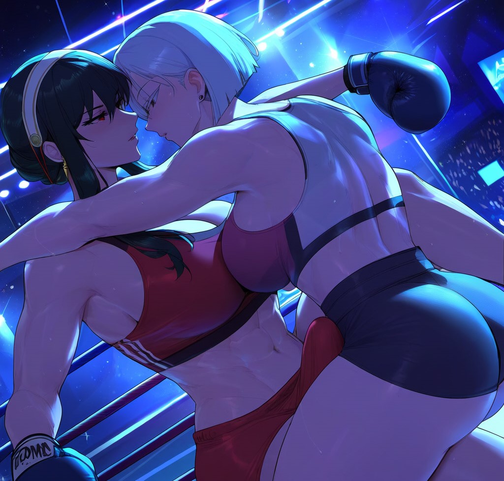 2girls ai_generated ass black_hair black_hair_bottom boxing_ring breasts bulge_through_clothing catfight closed_eyes domination earrings fiona_frost futanari hairband jewelry large_breasts light_hair_on_dark_hair long_hair looking_at_another multiple_girls muscular_female night short_hair sky spy_x_family star_(sky) starry_sky thick_thighs white_hair white_hair_on_black_hair white_hair_top yor_briar yor_forger yuri