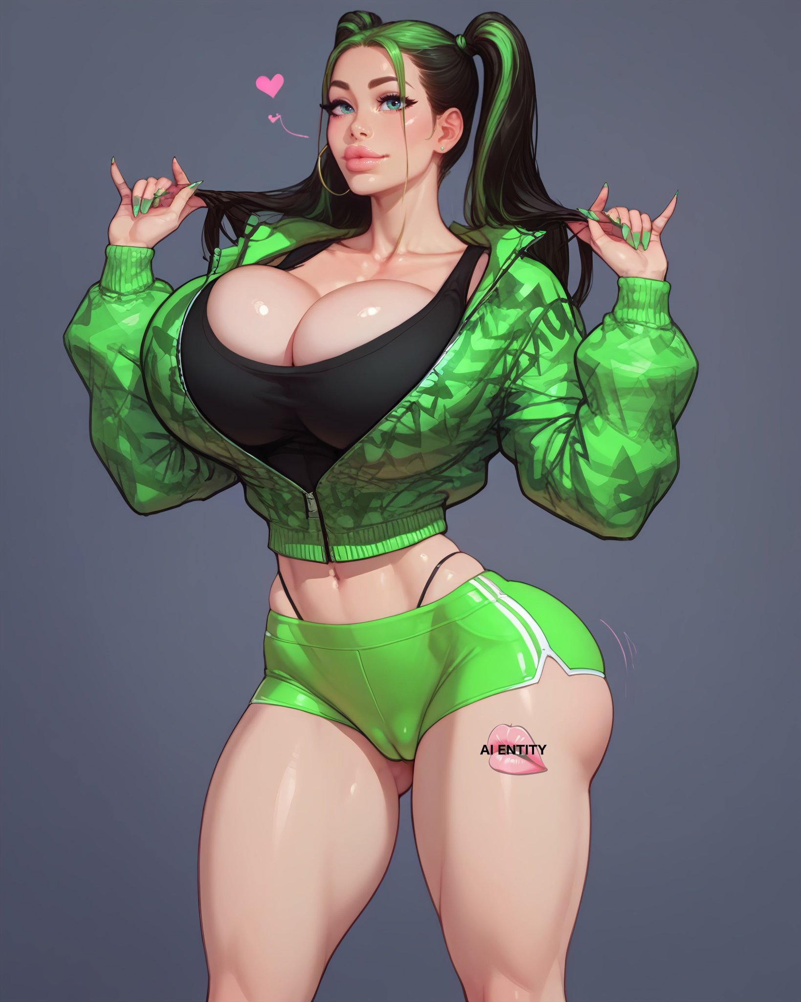 1girls, ai generated, ass, big ass, big breasts, billie eilish, breasts, celebrity, female, heart symbol, huge breasts, plump lips, pussy, shiny skin, shorts, solo, sports bra, thick thighs, visible pussy