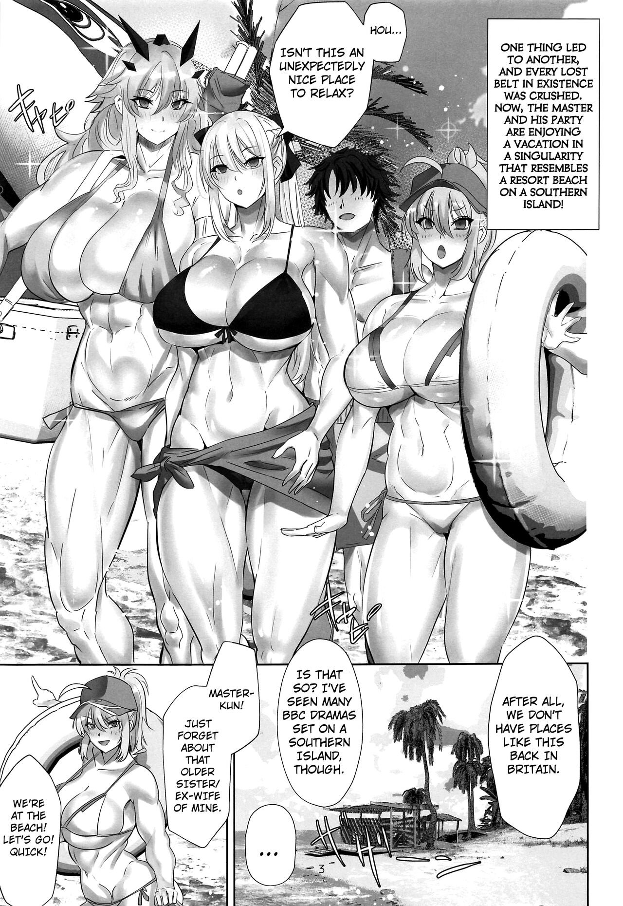 1boy, 3girls, artoria pendragon, barghest (gawain) (fate), beach, big breasts, bikini, breasts, doujinshi, fate (series), fate/grand order, female, harem, male, manga, manga page, morgan le fay (fate), muscular, muscular female, mysterious heroine xx (foreigner), teaindian