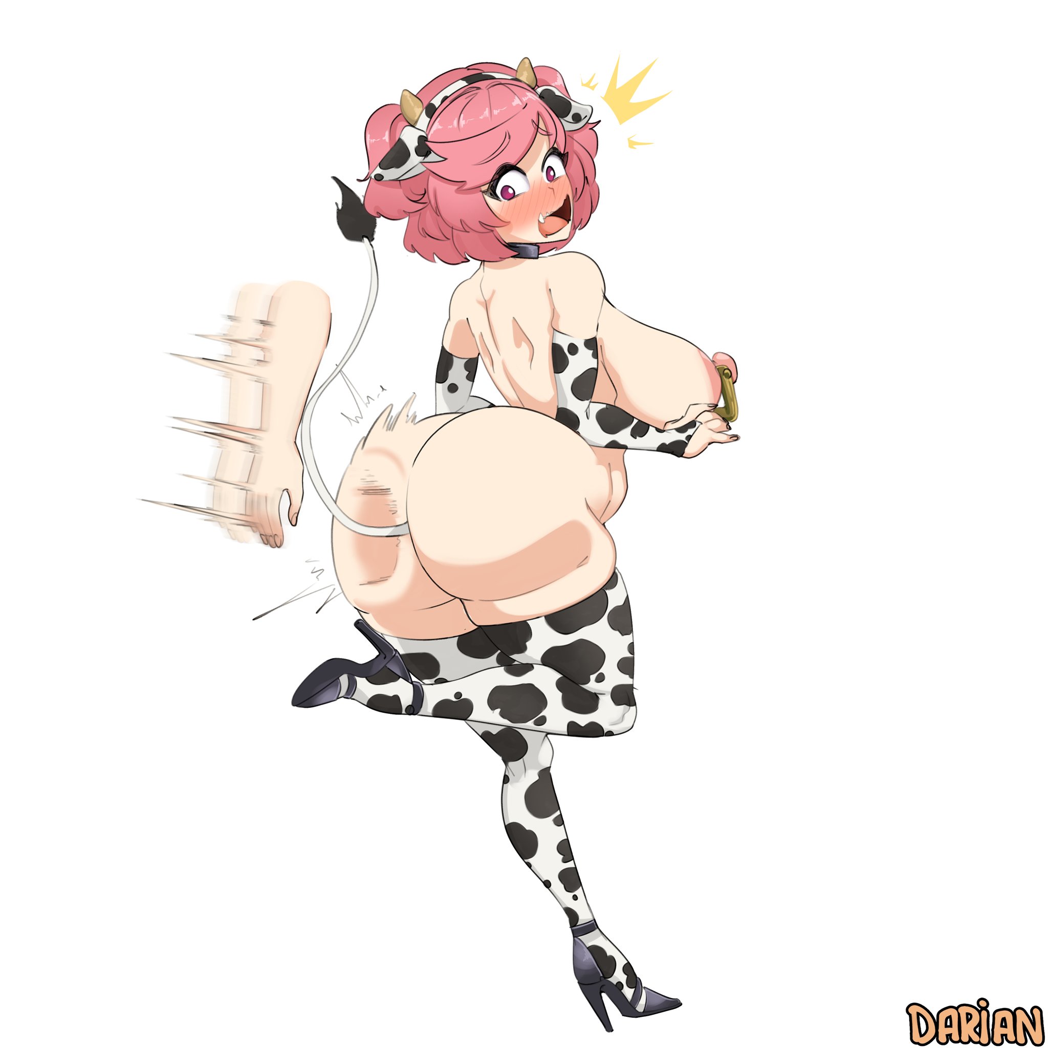 1girls, alternate breast size, ass, big breasts, blush, breasts, collar, commission, cow ears, cow girl, cow print, cowbell, darian arts, doki doki literature club, female, huge ass, natsuki (doki doki literature club), nipple piercing, nipples, piercing, pink hair, solo focus, spanking, stockings, surprised, tail plug