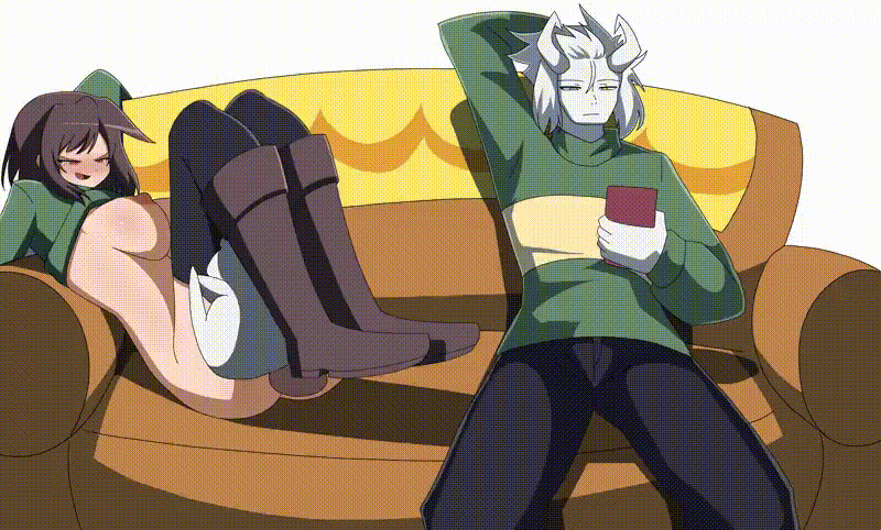 animated animation arm_up asriel_dreemurr black_stockings boots chara chara_(undertale) female female_chara lifted_shirt light_skin light_skinned_female long_sleeve_shirt long_sleeves looking_at_phone red_eyes short_brown_hair short_brown_hair_female short_hair stockings unaware undertale video_game_character video_games zukafu_shimoto