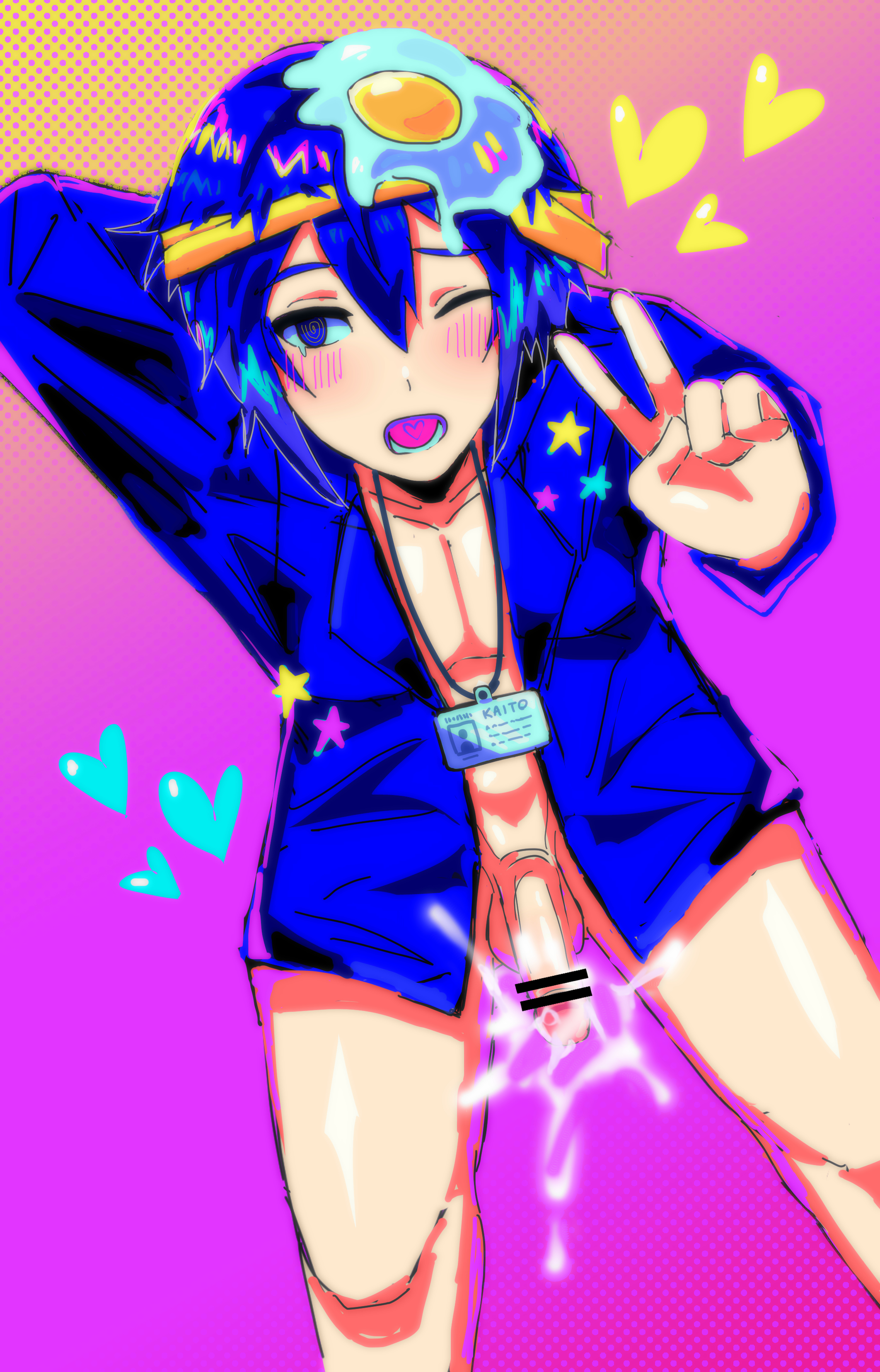 1boy, blue hair, censored, censored penis, cum, egg, electric weekend zone (flavor foley), flavor foley, gay, half naked, half-dressed, heart, id card, kaito (electric weekend zone), kaito (vocaloid), male, male focus, male only, peace sign, penis, project sekai, saturated colors, solo, suit, thighs, vocaloid, yaoi