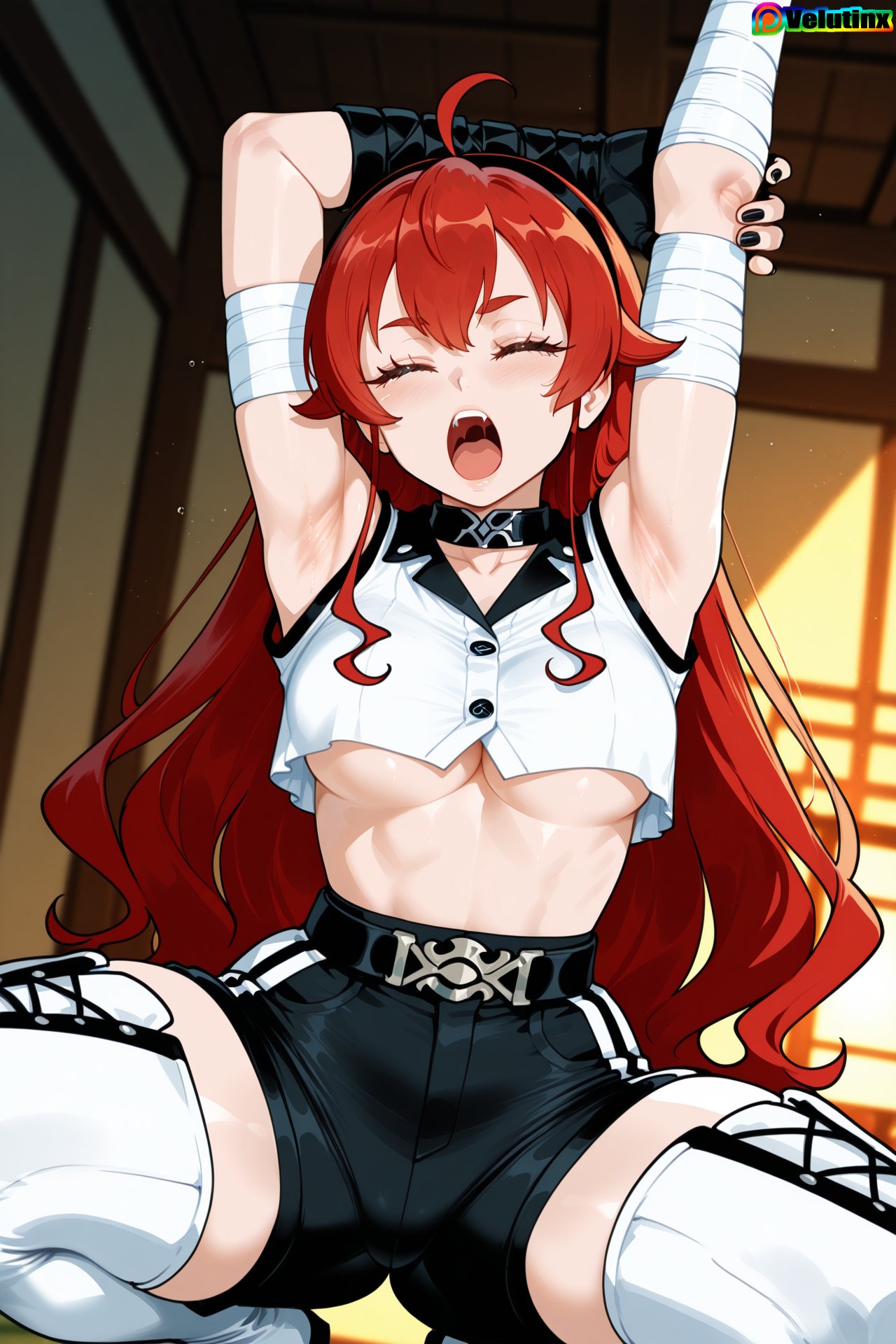 1girls, absurd res, absurd resolution, absurdres, ahoge, ai generated, armpits, arms up, bangs, black nails, boots, breasts, choker, deep skin, eris greyrat, female, hairband, hi res, high quality, high resolution, highres, long hair, mature female, medium breasts, mushoku tensei, mushoku tensei: isekai ittara honki dasu, open mouth, red hair, self upload, short shorts, shorts, skindentation, squatting, stretching, thick thighs, toned female, underboob, velutinx, very long hair, watermark, wide hips, zettai ryouiki