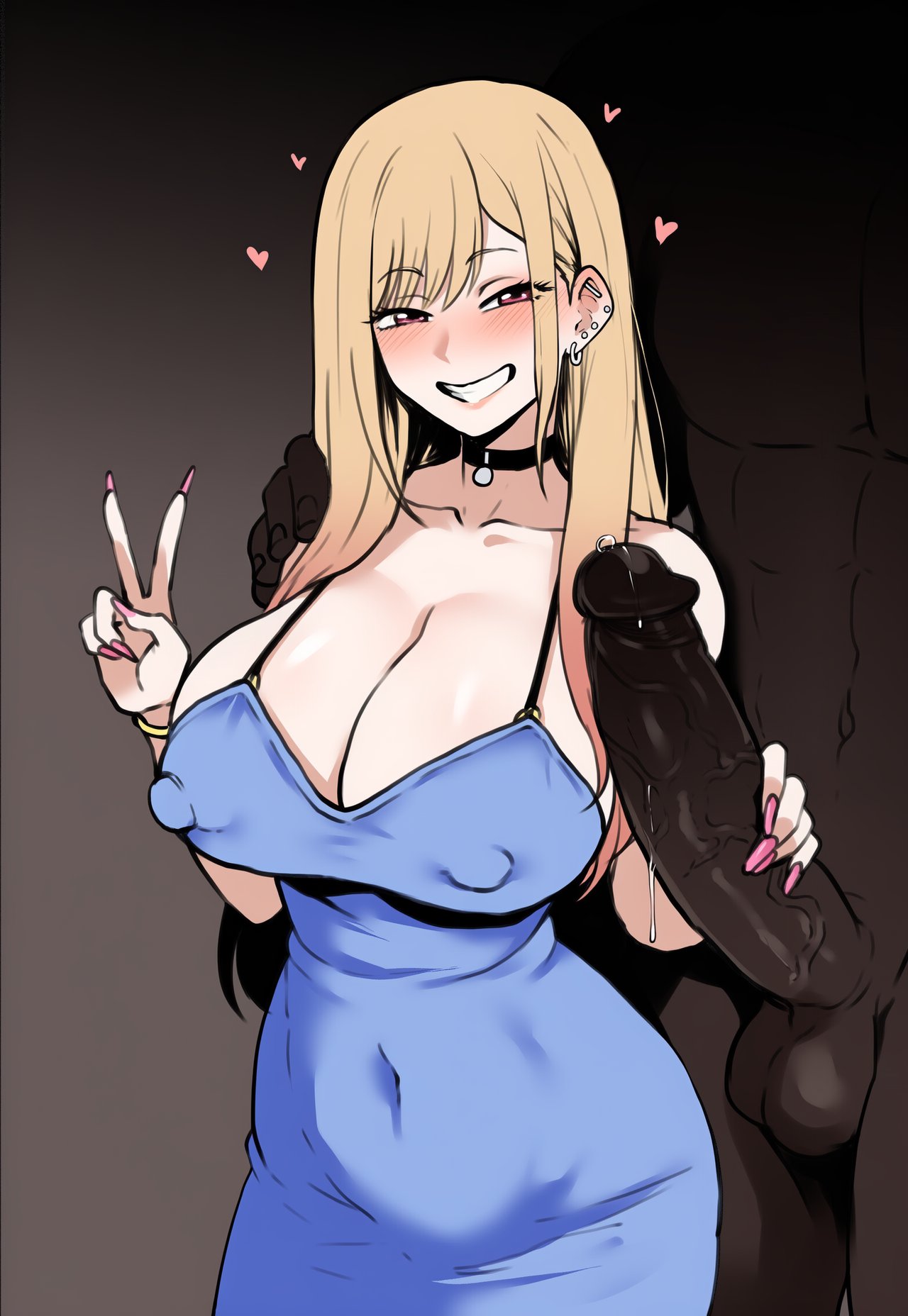 1boy, 1girls, ai generated, bare arms, bare shoulders, big breasts, big penis, blush, breasts, color, coomersucc, dark skin, dark-skinned male, dress, female, hand on penis, hi res, interracial, kitagawa marin, large breasts, light skin, light-skinned female, looking at viewer, looking pleasured, male, male/female, muscles, muscular, muscular male, netorare, nipple bulge, no bra, ntr, nude, nude male, penis, pleasure face, skin tight, skin tight dress, sono bisque doll wa koi wo suru, thick thighs