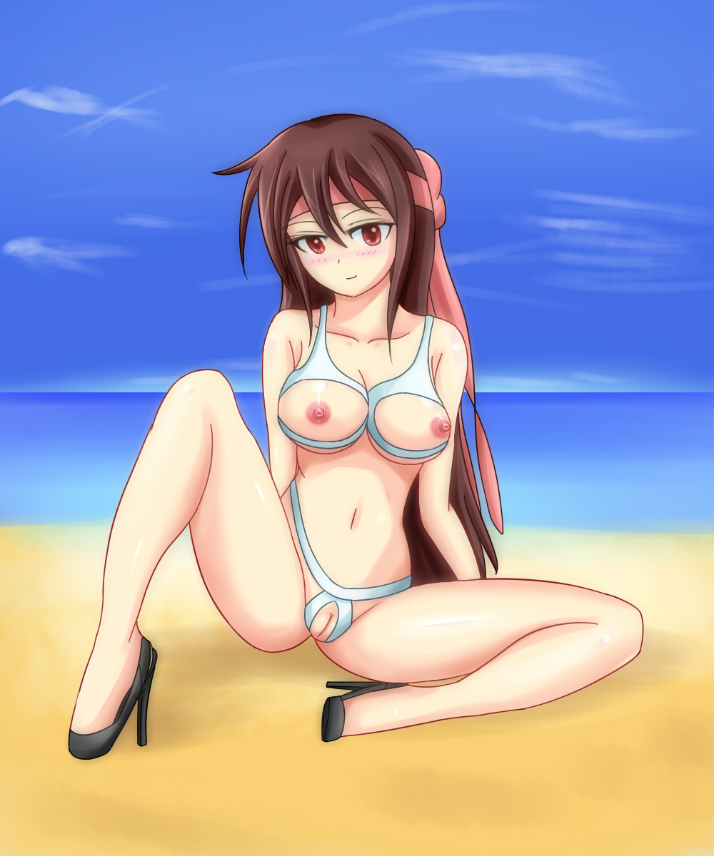 aveve beach bikini blush breastless_clothes breasts brown_eyes brown_hair cameltoe crotchless female high_heels long_hair looking_at_viewer nipples pointy_chin pussy sitting smile solo spread_legs swimsuit uncensored water