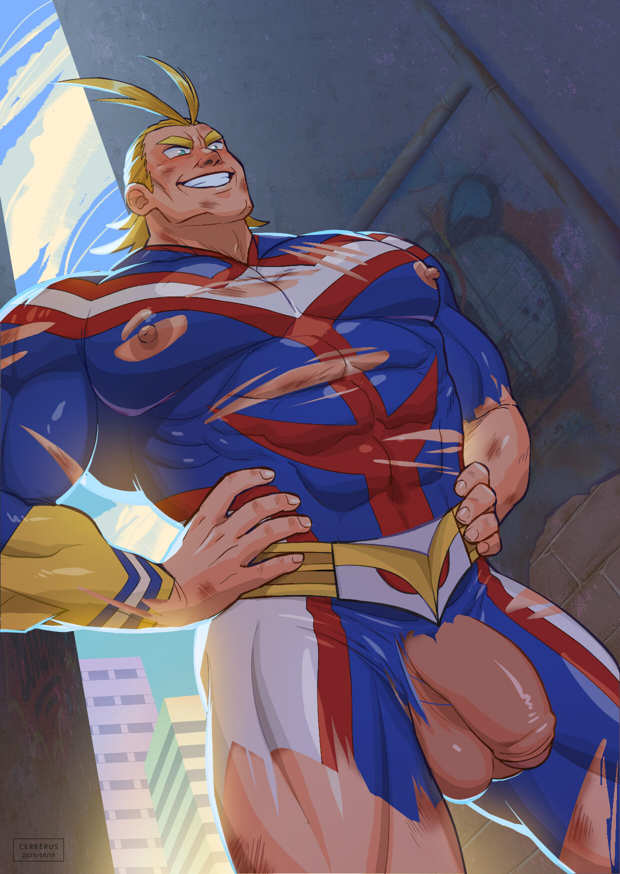1boy all_might bara barazoku big_penis blonde_hair blue_eyes cerberus_arts cock_worship erect_nipples exposed_penis flaccid flaccid_penis gay grin hands_on_hips image_sequence image_set male male_focus male_only masculine masculine_male mature_male muscles muscular muscular_male my_hero_academia nipples_exposed nipples_visible_through_clothing penis_focus penis_out penis_worship ripped_bodysuit ripped_clothing scars scratches smile solo solo_male superhero toshinori_yagi wounded yaoi