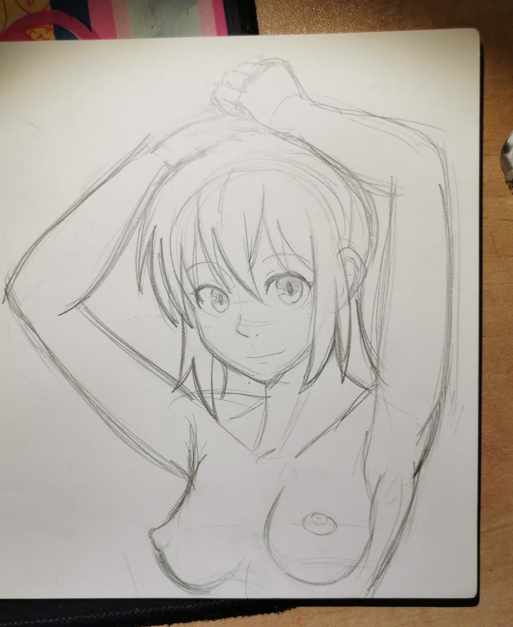 1girls areolae arms_up black_and_white breasts hands_on_head looking_at_viewer monochrome nipples original original_character pencil_(artwork) perky_breasts small_breasts solo solo_female traditional_media_(artwork)