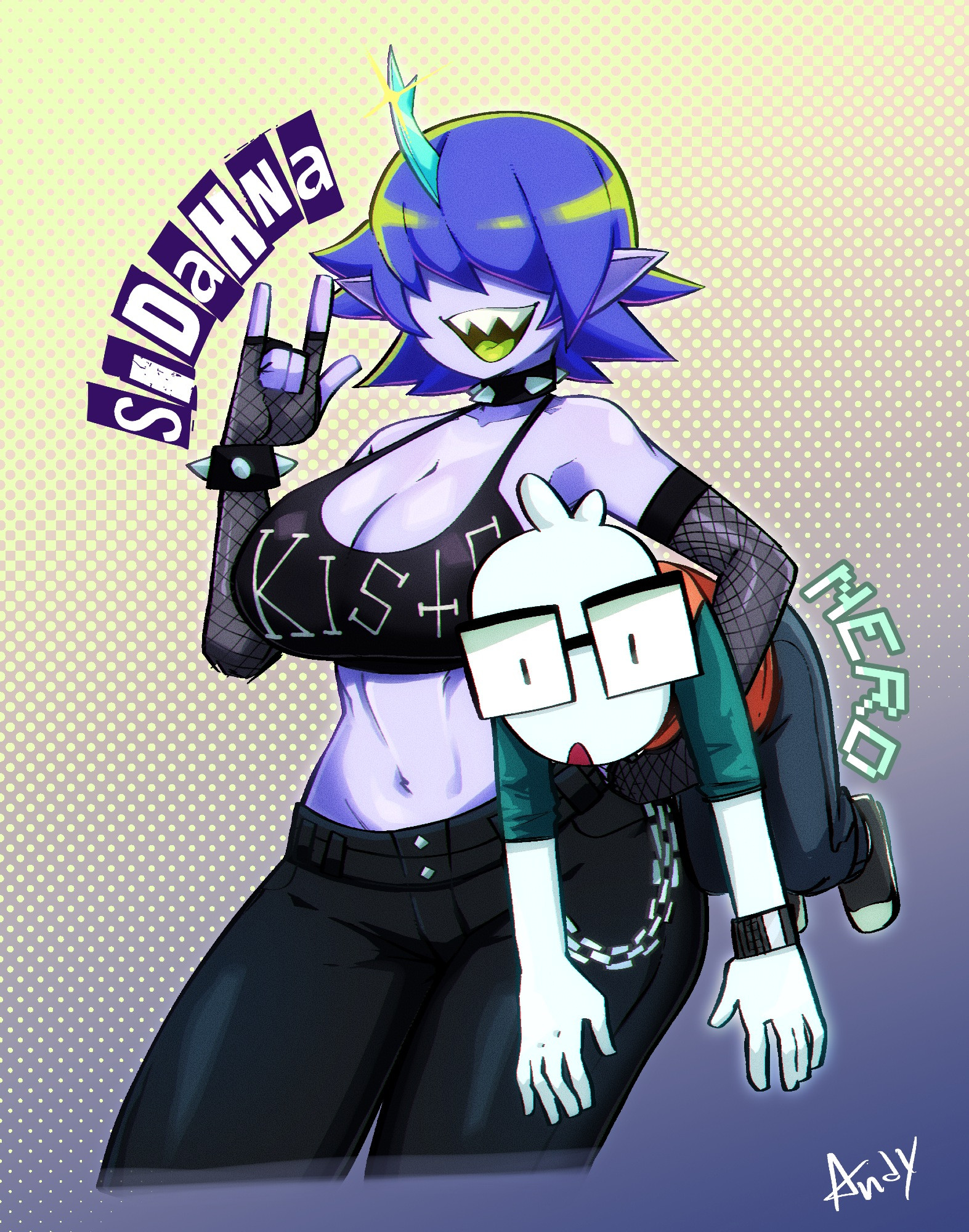 1boy, 1girls, 2025, andychull, artist signature, blue hair, carrying partner, chain, cleavage, female, goth girl, green tongue, hair over eyes, horn, male, midriff, nerd, nerd (andychull), original, pointy ears, purple body, purple skin, sfw, sharp teeth, sidahna, spiked bracelet, spiked collar, square glasses, taller female, tank top, toned female