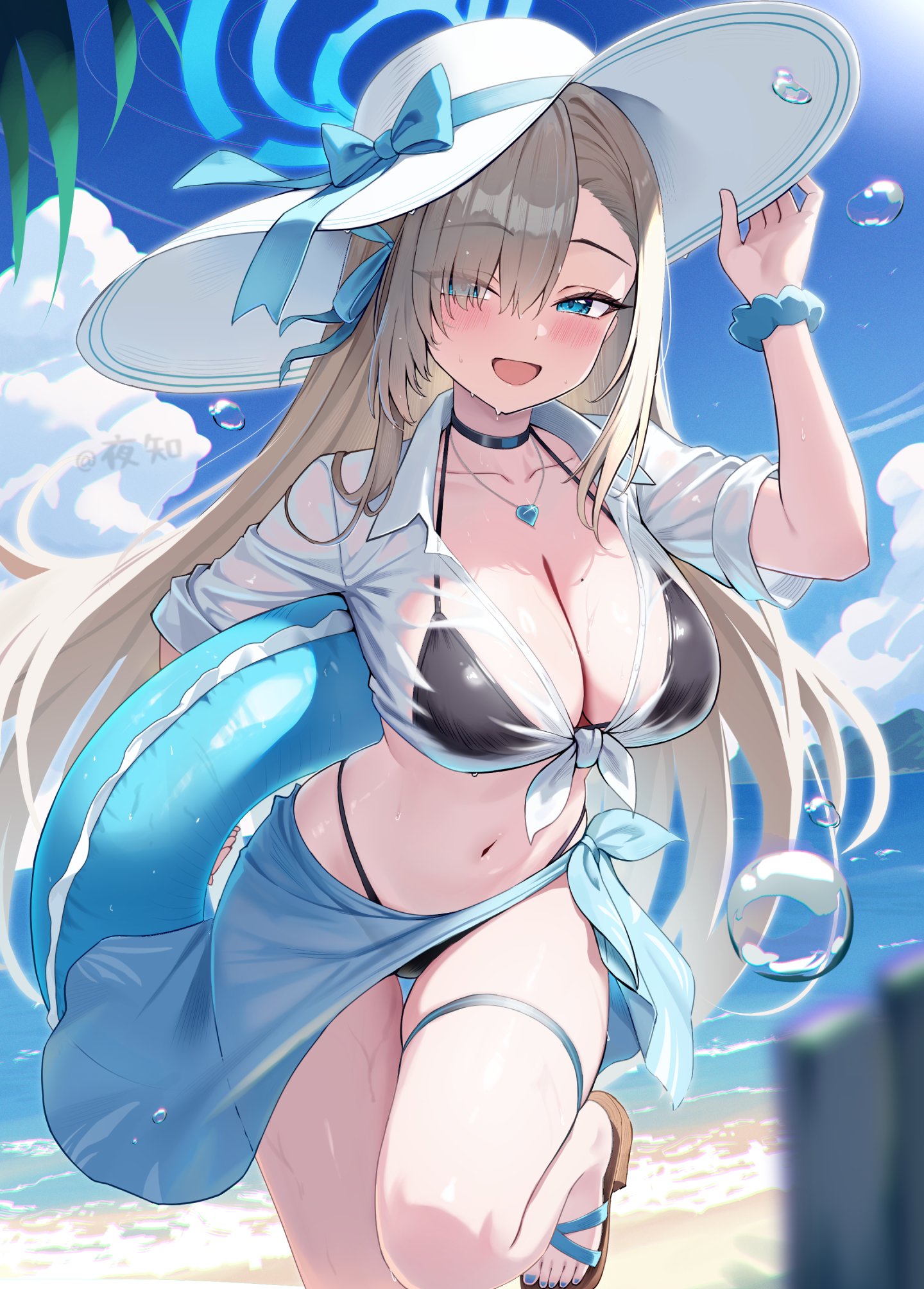 1girls, asuna (blue archive), bikini, black bikini, blonde hair, blue archive, blue eyes, blue halo, blue sarong, blush, breasts, choker, cleavage, collarbone, female, female only, hair over one eye, hair ribbon, halo, hat, highres, jewelry, large breasts, leg up, long hair, looking at viewer, navel, necklace, night known, open mouth, ribbon, sarong, scrunchie, see-through clothes, see-through shirt, shirt, smile, solo, sun hat, swimsuit, thighs, tied shirt, very long hair, white shirt, wrist scrunchie