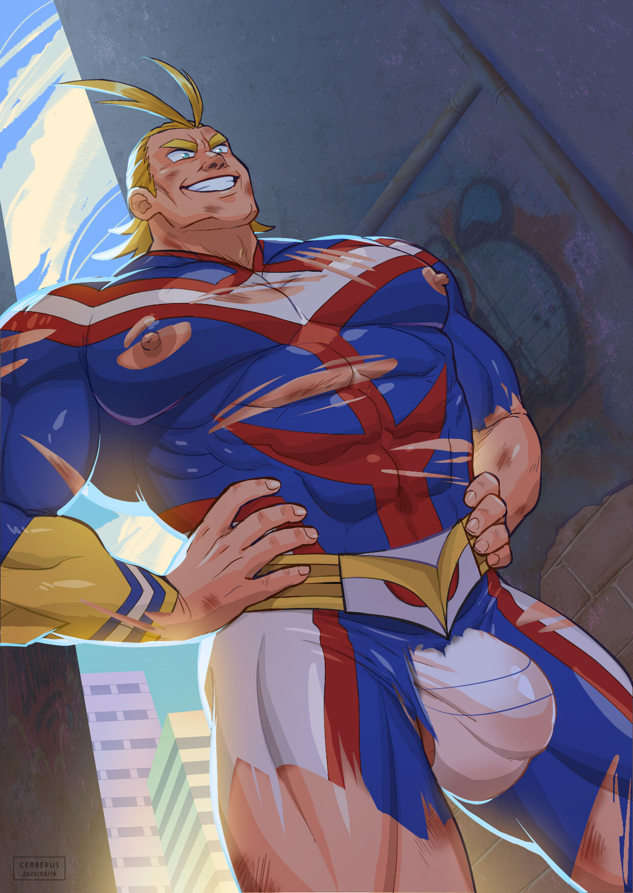 1boy all_might bara barazoku big_bulge blonde_hair blue_eyes bulge bulge_through_clothing cerberus_arts erect_nipples gay grin hands_on_hips image_sequence image_set male male_focus male_only masculine masculine_male mature_male muscles muscular muscular_male my_hero_academia nipples_exposed nipples_visible_through_clothing ripped_bodysuit ripped_clothing scars scratches smile solo solo_male superhero thong thong_underwear toshinori_yagi white_thong wounded yaoi
