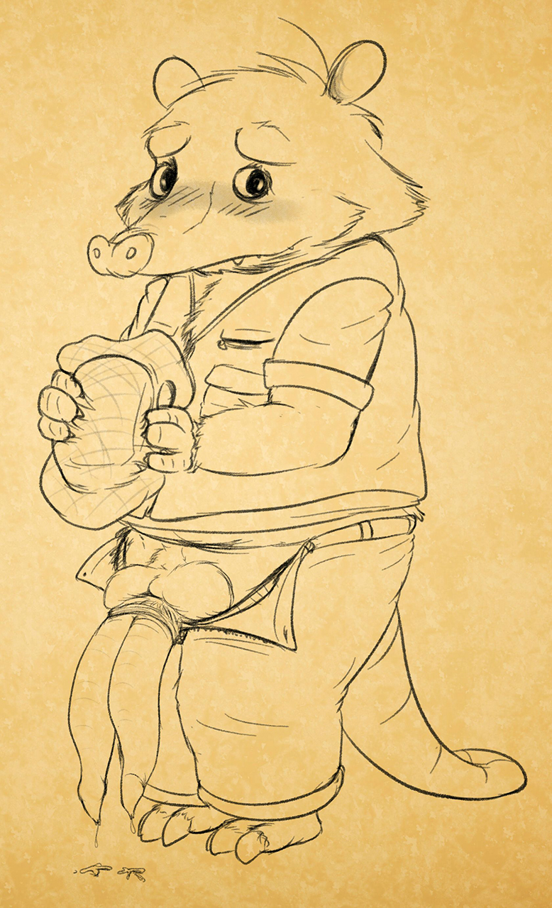 10s 1boy 2013 blush blush_lines commission diphallia fantastic_mr._fox kylie_sven_opossum male male_only monochrome op2 opossum penis solo tagme