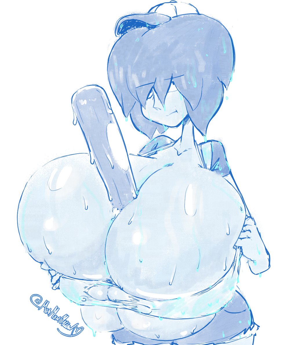 1girls 5_fingers alternate_version_available artist_signature barely_contained baseball_bat baseball_cap breasts_squeezed_together bursting_breasts busty cartoon_network cleavage cleavage_overflow collarbone female female_only gem_(species) hair_over_eyes hands_on_breasts implied_paizuri lapis_lazuli_(bob) lapis_lazuli_(steven_universe) looking_down monmonmallow monochrome paizuri pushing_breasts_together raining ripped_clothing short_shorts shorts sketch solo steven_universe sweat sweaty sweaty_breasts top_heavy unamused water_drop wet_clothes wet_hair