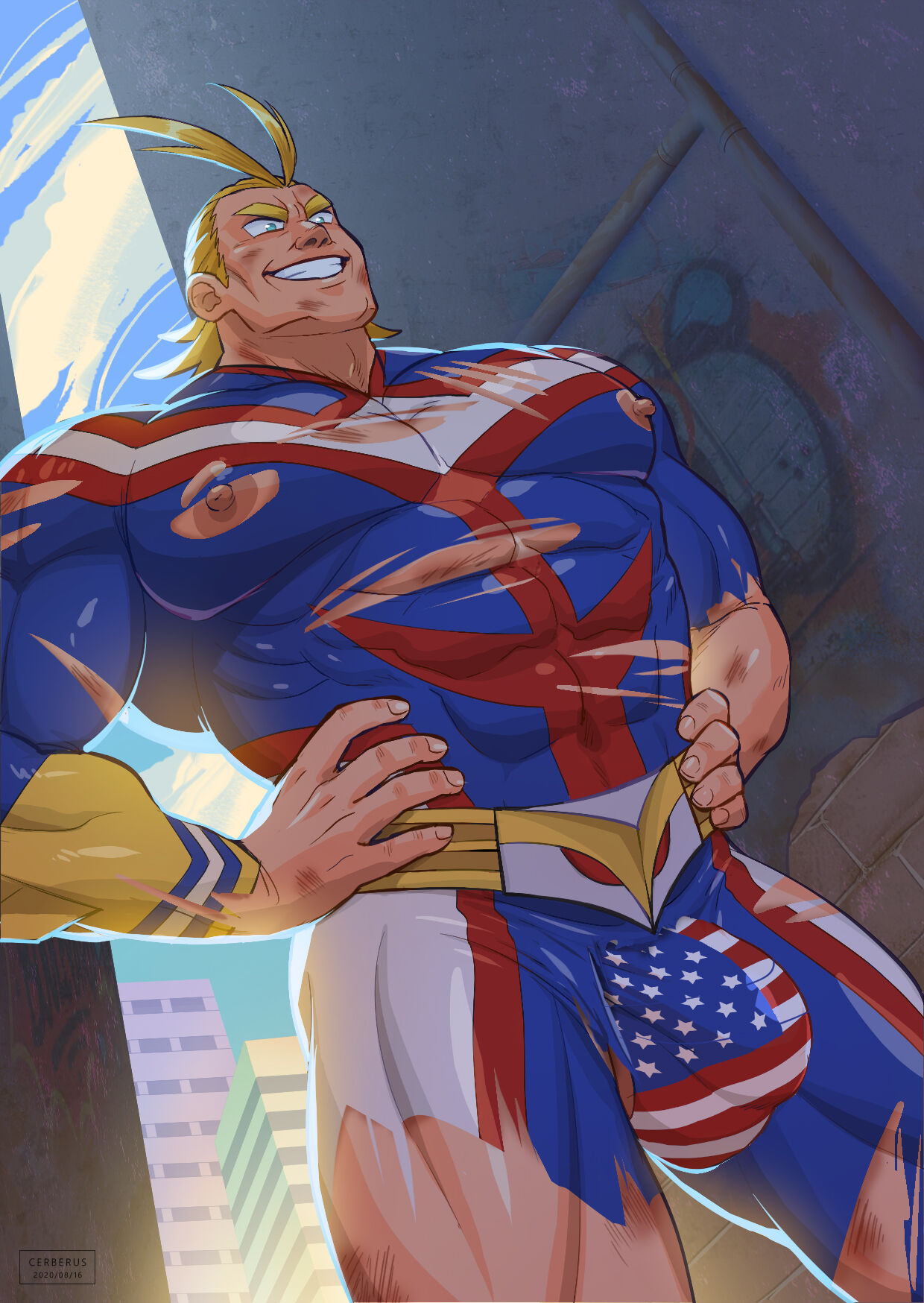 1boy all_might bara barazoku big_bulge blonde_hair blue_eyes bulge bulge_through_clothing cerberus_arts erect_nipples gay grin hands_on_hips image_sequence image_set male male_focus male_only masculine masculine_male mature_male muscles muscular muscular_male my_hero_academia nipples_exposed nipples_visible_through_clothing ripped_bodysuit ripped_clothing scars scratches smile solo solo_male superhero thong thong_underwear toshinori_yagi wounded yaoi