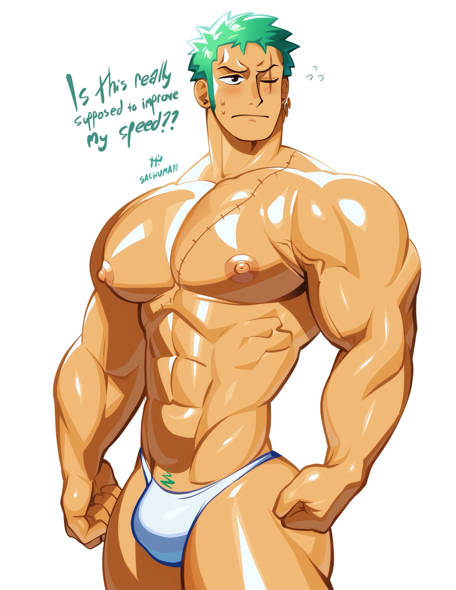 1boy, abs, almost naked, bara, blush, bulge, clothing, english text, flexing, gay, gay male, green hair, green pubic hair, green-haired male, long torso, male, male only, muscular, muscular male, muscular only, nipples, one piece, pecs, roronoa zoro, sachuman, scar across eye, scar on chest, solo, sweat, thong, white background, white thong, yaoi