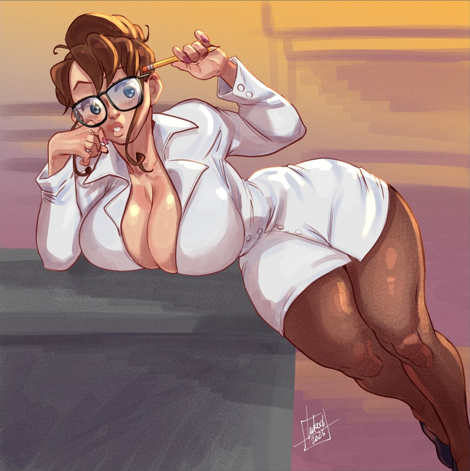 1girls, black-framed eyewear, breasts, brown hair, brown pantyhose, cleavage, dr. betty veronica, female, female only, glasses, huge breasts, labcoat, lips, lukex8a, on table, pantyhose, pencil, rampage (game), solo, thick thighs, white dress, white labcoat