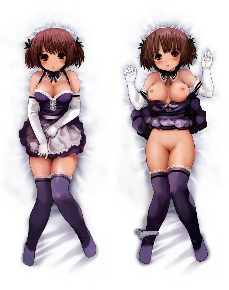 apron blush breasts brown_eyes brown_hair copyright_request dakimakura elbow_gloves gloves looking_at_viewer lying maid maid_headdress nipples on_back pointy_chin pussy thighhighs togusa_masamu uncensored