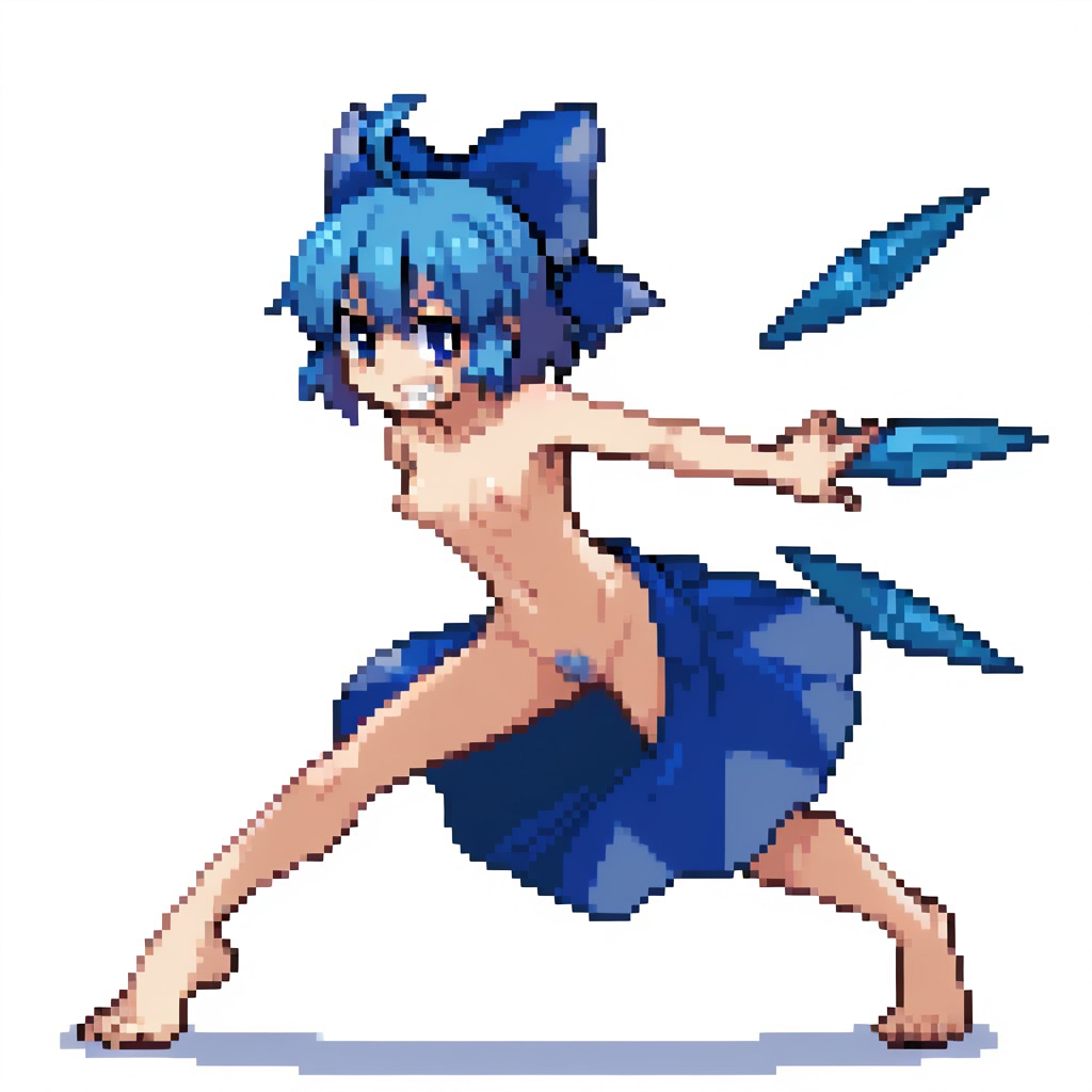 1girls ahoge barefoot blue_bow blue_eyes blue_hair blue_pubic_hair bow breasts cirno female female_pubic_hair full_body grin hair_between_eyes ice ice_wings looking_at_viewer nipples nude nude_female pixel_art pubic_hair short_hair small_breasts smile solo solo_female sprite sprite_art touhou undressing