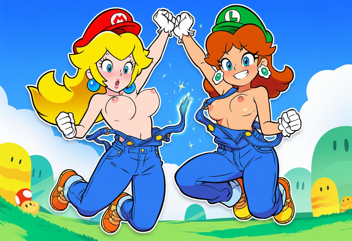 ai_generated blonde_hair blue_eyes breasts breasts_out earrings gloves jumping luigi_(cosplay) mario_(cosplay) mario_(series) nipples orange_hair outfit_swap overalls princess_daisy princess_peach ripped_clothing
