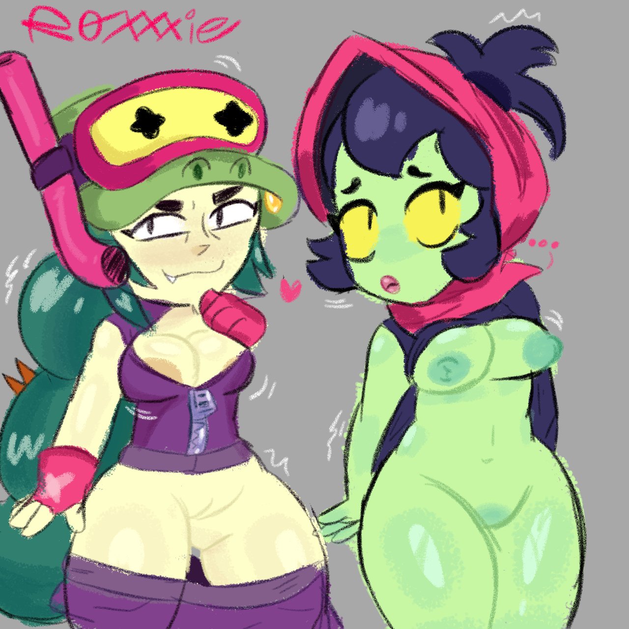 alli (brawl stars), black hair, brawl stars, breasts, female, fully naked, green skin, lips, roxxxie, tits out, willow (brawl stars)