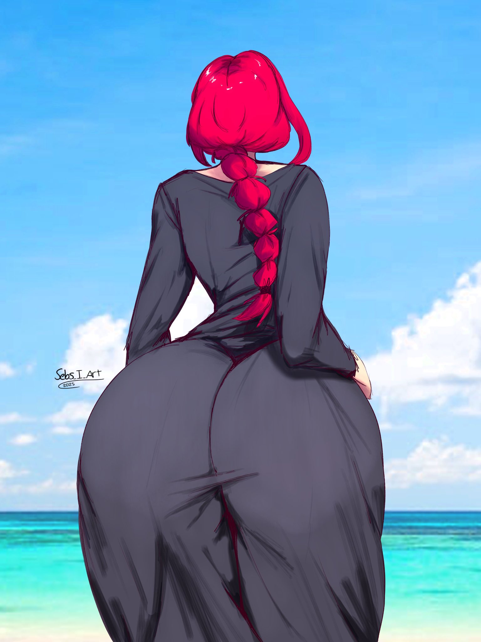 1girls, 2025, anime, ass, ass bigger than head, back view, background, beach, big ass, chainsaw man, clothed, clothing, dress, female, huge ass, large ass, long hair, makima (chainsaw man), red hair, sebs i art