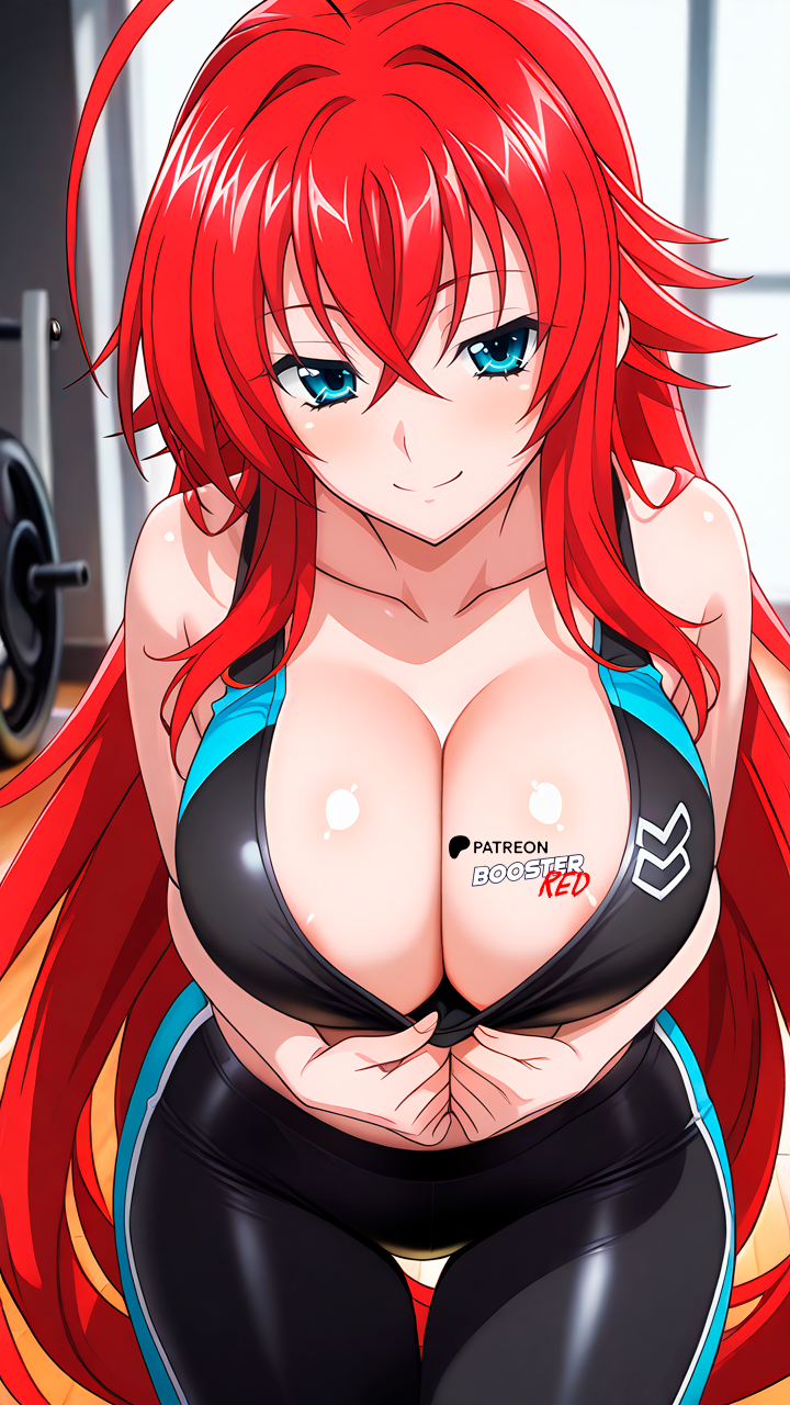ai_generated barefoot blue_eyes boosterred99 full_body fully_clothed gym high_school_dxd illustrious_(stable_diffusion) large_breasts navel pants pony_diffusion_xl pulling_clothing red_hair rias_gremory seductive_smile thighs yoga_mat yoga_pants yoga_pose
