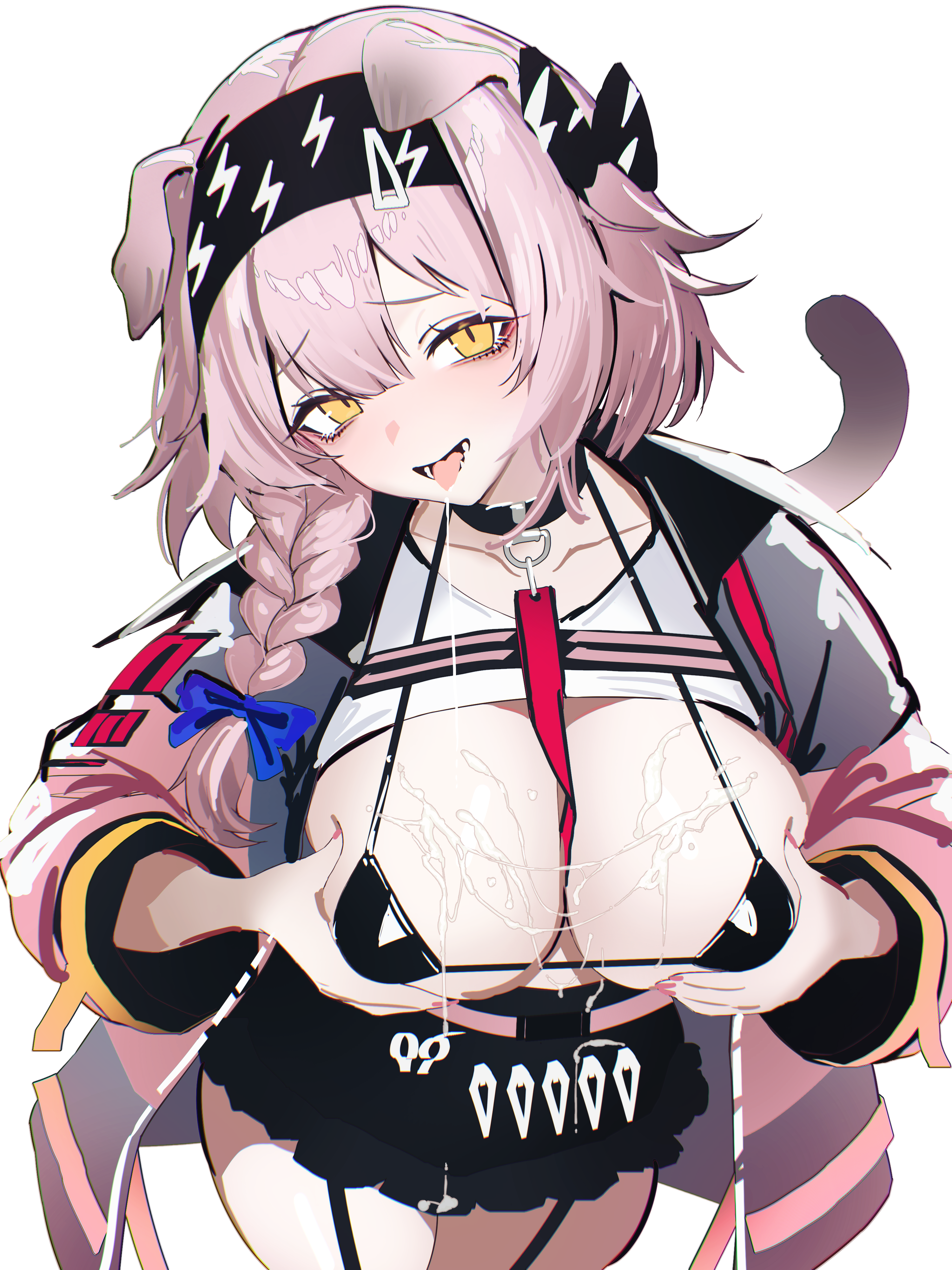 animal ears, arknights, breasts, female, female only, goldenglow (arknights), saliva, saliva drip, vxdrq