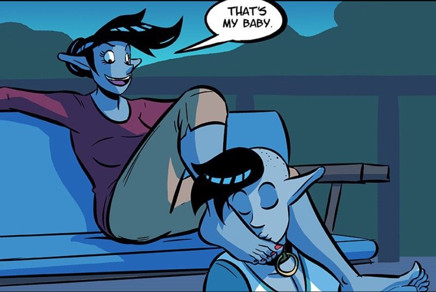 1girl1boy 2d absurdres artist_request barefoot blonde_hair canon_couple character_request collar comic darian_(newman) dark_elf dark_elf_female dark_elf_male dialogue dialogue_bubble dnd dominant_female dominatrix drow dungeons_and_dragons elf_ears feet feet_on_shoulders foot_fetish foot_fetish_validation foot_focus foot_kiss foot_worship footstool grey_skin happy_sub highres joshulrich_(artist) kathryn_(newman) kissing_feet kissing_toes loving_couple mistress mistress_and_slave newman_(webcomic) newman_(webtoon) red_toenail_polish romantic_couple soles submissive_male toe_kiss toes webcomic webtoon wholesome
